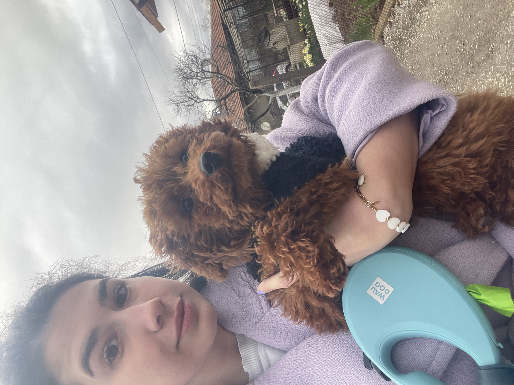A selfie shows a woman holding a brown poodle against a cloudy sky backdrop. The woman has dark hair and fair skin and wears a light purple tweed jacket. She holds a light blue WAU DOG retractable leash in her right hand. The poodle wears a black and white scarf and is nestled in her left arm. The location appears to be an urban environment, potentially in the city of Sofia, Bulgaria, given the architecture and street elements visible in the background, including buildings with tiled roofs and fences. Bare tree branches suggest it is either late autumn or early spring. The scene looks like a casual outdoor moment, possibly during a walk.