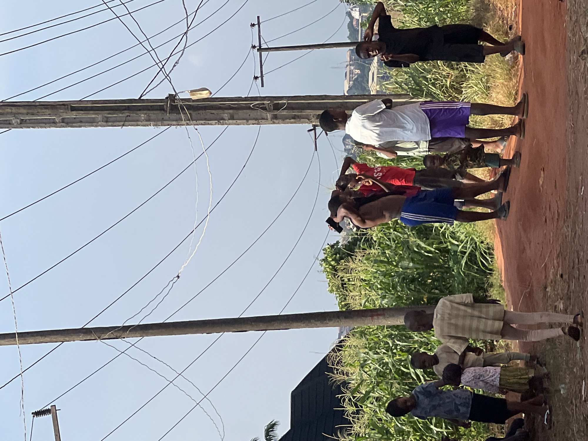 The image depicts a group of people, primarily young males, standing in a line along a dirt path. They are outdoors, with tall green vegetation, possibly corn stalks, growing to their left. Overhead, a complex network of electrical wires crisscrosses the sky, supported by utility poles, one of which is prominent in the foreground. The time of day appears to be daytime, with clear skies, suggesting fair weather. The overall scene has a casual, everyday feel, with the individuals appearing relaxed. Some of the individuals are wearing shorts and t-shirts, suggesting a warm climate. One person is wearing a black t-shirt and shorts, another a white t-shirt and purple shorts, and another a red t-shirt. Further down the line, a person is wearing a patterned shirt and light-colored pants. Towards the bottom of the frame, a group of younger children are visible, one in a patterned dress and another in a blue patterned t-shirt and dark shorts. The presence of utility poles and overhead wires indicates an inhabited area. The ground is a reddish-brown dirt path. No visible text is present in the image. The image is oriented vertically, with the subjects standing in a line from top to bottom.