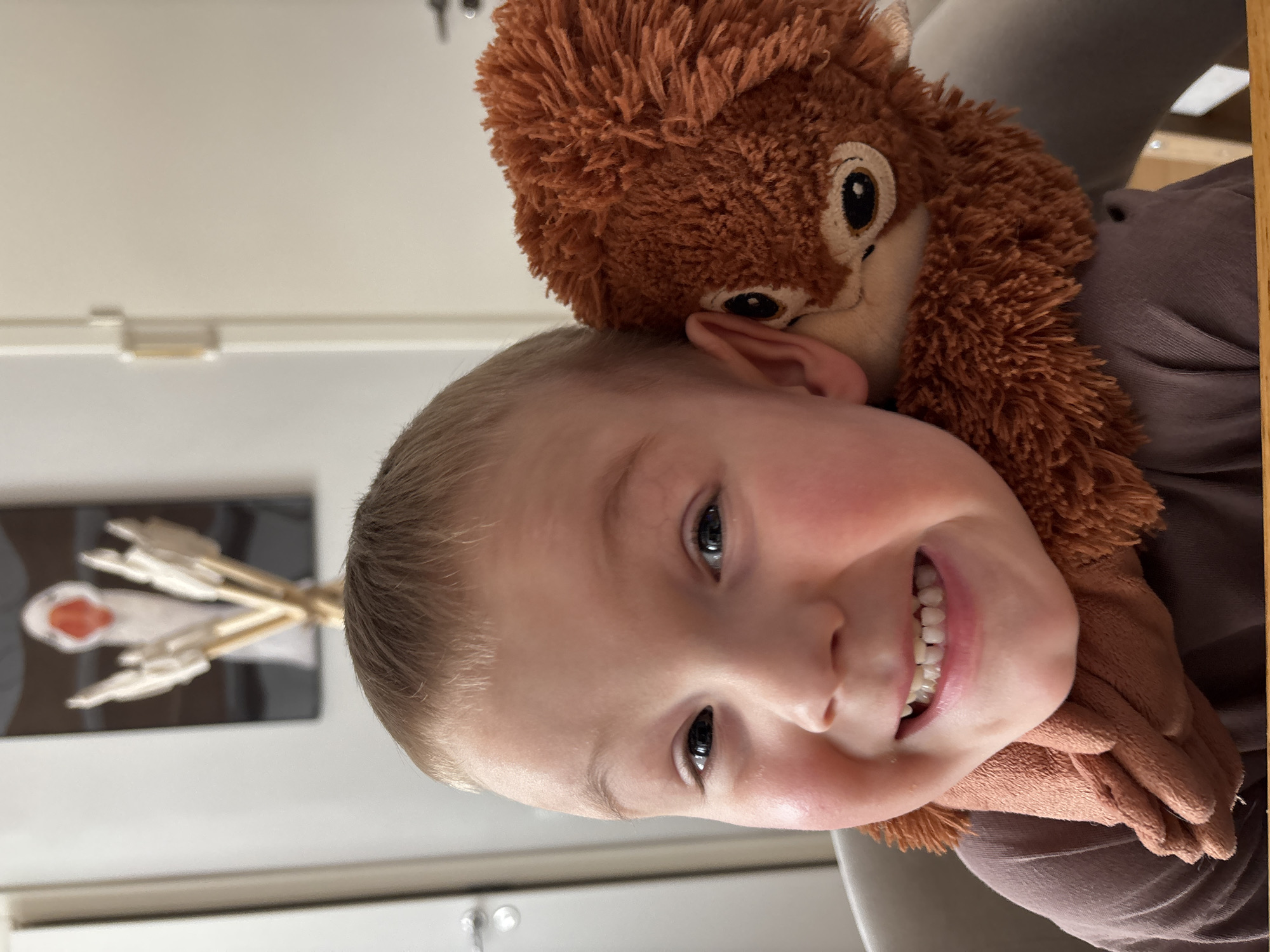 A young boy with short blond hair is smiling at the camera while holding a brown stuffed monkey toy. The monkey's head rests on the boy's head and shoulder. The boy is wearing a brown shirt. Behind the boy, a white wall is visible with a framed artwork hanging on it. The artwork appears to depict a white object, possibly arrows, against a dark background. The photo was taken indoors. The location of this image is unavailable.