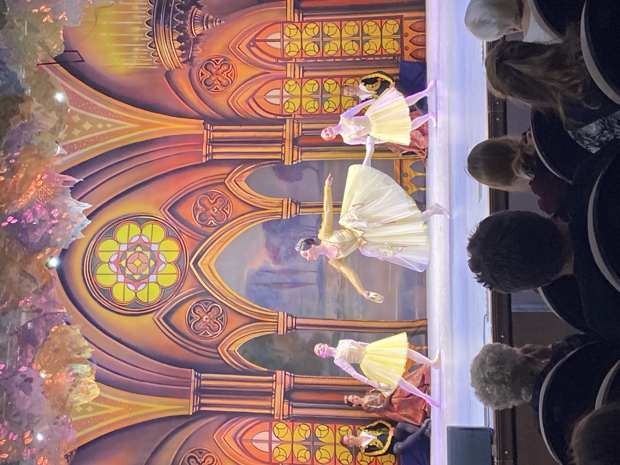 A performance is taking place in what appears to be a theater, with the audience visible on the right. The performance appears to be a ballet with several dancers on stage. The stage backdrop is an ornate, colorful depiction of architectural elements, possibly inspired by Gothic or Renaissance designs. The location is likely within the city of Ulyanovsk, Russia.