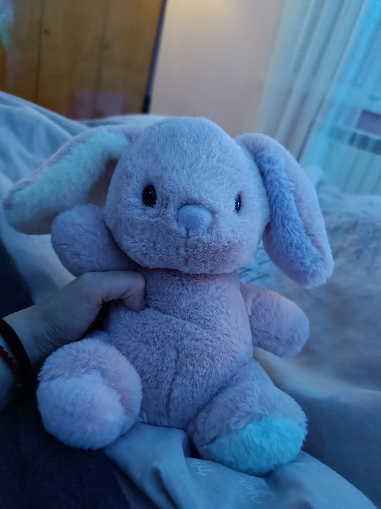 A medium, eye-level shot depicts a pink stuffed bunny being held by a person. The bunny is predominantly pink with light blue accents on the tips of its ears and one foot. It has black button eyes and a small pink nose. A hand is partially visible, gripping the bunny's body. The background includes a bed with bedding in neutral tones, and in the upper background, there is a window with light coming through. The photograph was not necessarily taken in Cherkovitsa, Bulgaria.