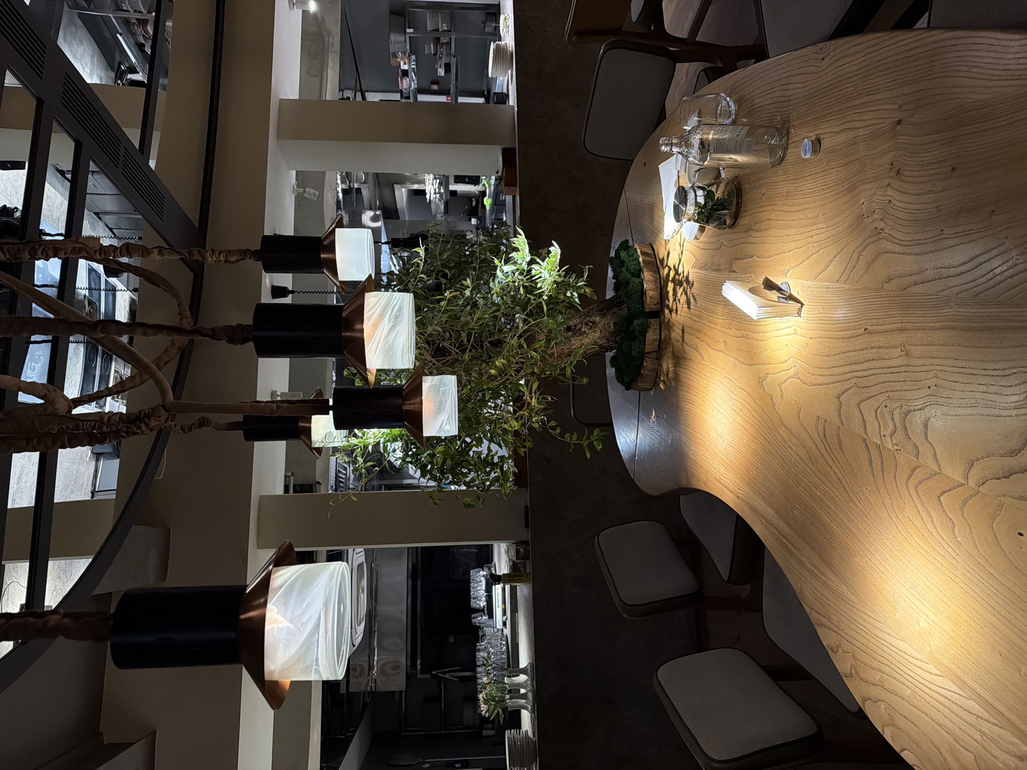 The image presents an interior view, likely within a restaurant, potentially located in Moscow, Russia, based on stylistic cues. The scene is dominated by a large, irregularly shaped wooden table, set for dining but currently unoccupied. The table features a centerpiece: a small tree or shrub planted in a rustic container, likely made of wood or bark, with moss details.
Table settings include glassware (a bottle and drinking glasses), neatly stacked napkins with cutlery, and a small decorative terrarium or vase with greenery. The table is illuminated by a warm, directional light, casting shadows that highlight the wood grain.
Surrounding the table are modern chairs with grey upholstery. The background reveals elements of the restaurant's design: a multi-level structure with a view into the kitchen area, and decorative lighting fixtures, including elongated pendant lights with opaque shades. The architecture features a mix of modern lines and industrial elements.