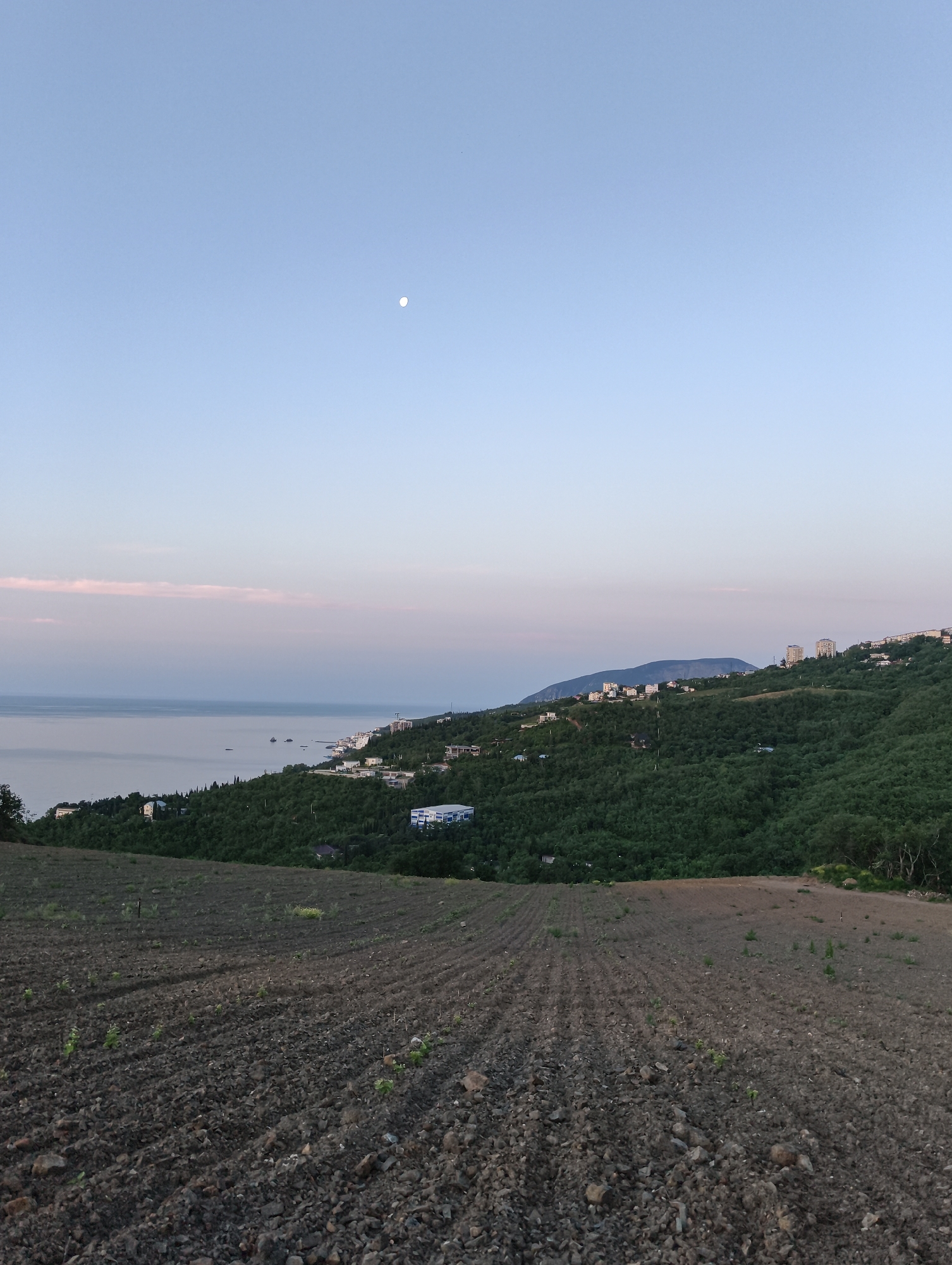 This landscape image captures a tranquil scene at twilight in Lazurnoe, Ukraine, offering a panoramic view from an elevated position.
In the immediate foreground, a freshly tilled field of dark, earthy soil dominates, showing distinct furrows and scattered small rocks. A few sparse green sprouts are visible, suggesting recent planting or early growth. No people or specific objects are discernible in this section.
Moving towards the midground, a lush green hillside blanketed with dense trees extends from left to right. Numerous buildings, predominantly light-colored and varying in size and style, are nestled among the foliage, indicating a residential or resort settlement along the coast. One larger building with a notable blue roof is visible on the lower part of the hillside.
Beyond the hillside, the calm, expansive surface of the Black Sea stretches to the horizon. Several small boats or ships can be seen gently floating on the water near the coastline. In the distance, a subtle mountain range or large hill rises from the land, partially obscured by atmospheric haze.
The sky is a prominent feature, displaying a soft gradient of colors characteristic of dawn or dusk. It transitions from a clear, pale blue at the top to a gentle pinkish-purple hue closer to the horizon, where it meets the sea. High in the sky, a distinct, bright white circle, clearly identifiable as the moon, is visible.
The overall impression is one of peaceful serenity, with the soft lighting and absence of human activity contributing to a quiet, contemplative atmosphere. The weather appears clear and calm, with no significant cloud cover.