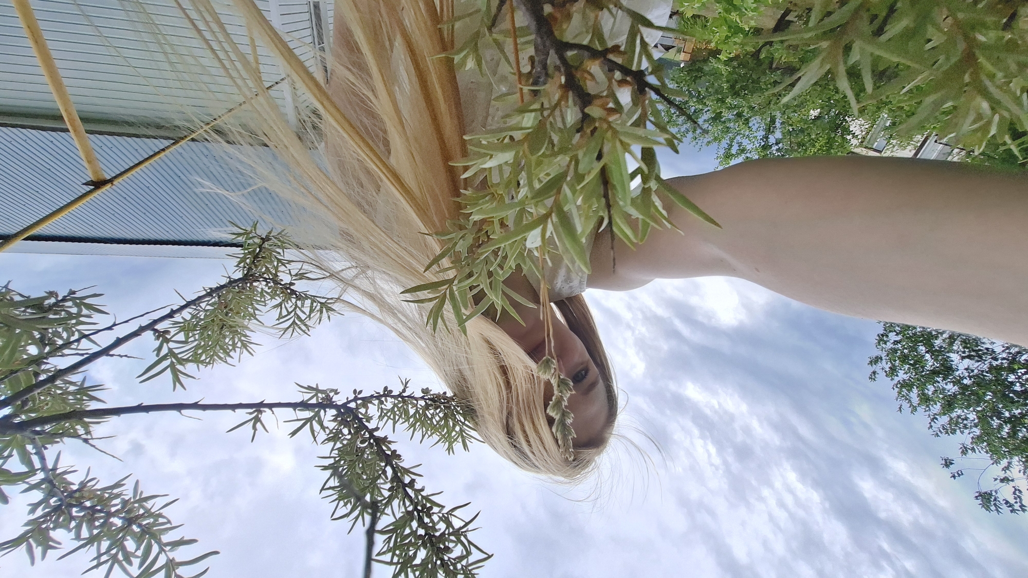 In the city of Bolshoy Bukor, Russia, a young woman with long, blonde hair stands outside, holding a smartphone to take a selfie. The camera angle is low, looking up at her and the surrounding environment. Her face is partially obscured by a branch with small, green leaves in the foreground. She is wearing a white dress. Behind her, the sky is filled with dramatic, cloudy formations. To the right, a blue-grey corrugated metal roof of a building is visible, along with a yellow metal pole. Green trees and foliage are scattered throughout the background, suggesting a rural or suburban setting. The woman's hair is blowing in the wind, adding a dynamic element to the image.