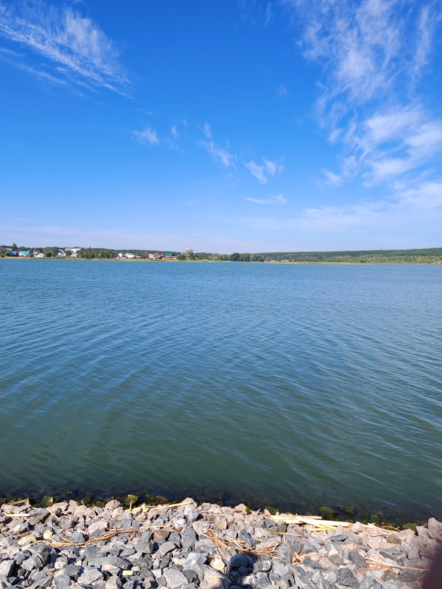 The image depicts a body of water, likely a lake or reservoir, on a clear day. The water is a deep blue-green, with gentle ripples on the surface. The shoreline in the foreground is lined with a variety of stones and some dry vegetation. In the middle ground, across the water, a line of trees forms the horizon, with a small village visible nestled among them. The village consists of several houses with colorful roofs. The sky above is a vibrant blue, with scattered wispy white clouds. A transmission tower is visible to the right of the village. The scene appears to be located near Chernakovo, Russia, as indicated by the context provided. There are no people or animals visible in the image. The overall atmosphere is serene and natural.