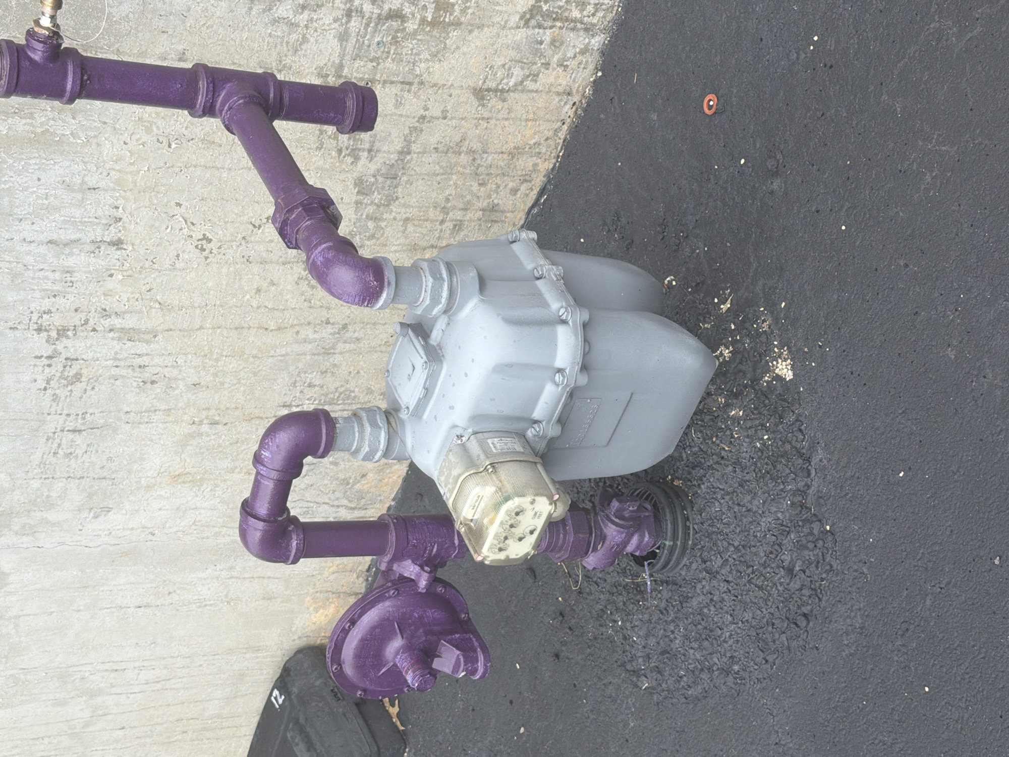 An exterior, eye-level, medium shot captures a gas meter and associated piping against a concrete wall and dark asphalt ground. The gas meter, a grey rectangular unit with a clear dial cover, is situated centrally. Purple painted pipes connect to the meter from the left and right, with a vertical purple pipe extending upwards from the right side. A circular purple component, possibly a regulator, is attached to the piping on the left. The concrete wall behind the meter exhibits a weathered, textured surface with patches of discoloration. The ground is covered in dark asphalt with scattered small white specks and some lighter-colored debris. A black bin with the number "12" visible on its side is partially visible on the far left of the frame. The scene is located in Murfreesboro, United States of America.