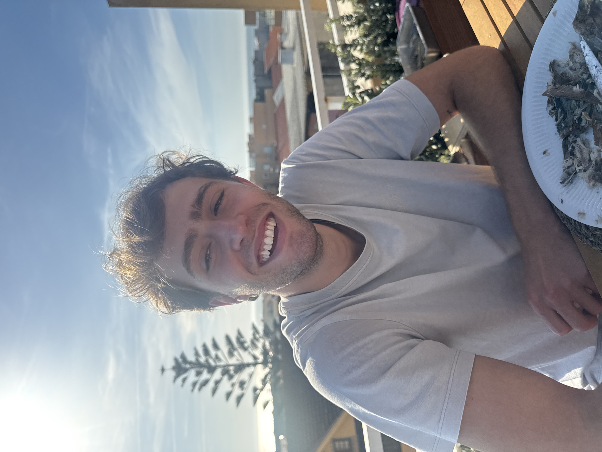 A young man with dark, curly hair and light stubble is the central subject, smiling broadly at the camera, revealing his teeth, conveying a happy and relaxed mood. He is wearing a light-colored, short-sleeved t-shirt, and a small, subtle tattoo is visible on his left forearm. He appears to be seated outdoors on a balcony or terrace, with a wooden slatted table beside him. On the table, there is a white paper plate holding food scraps, possibly indicating a recently finished meal.
The background reveals a bright, clear blue sky with some soft, wispy clouds. The sun is shining intensely, creating a strong glare in the lower-left portion of the image. An urban or semi-urban landscape stretches out, featuring various buildings. A tall, slender conifer tree is prominently silhouetted against the bright sky. In the far distance, a body of water is visible, consistent with the coastal or riverside location of Vila Nova de Gaia, Portugal. The strong sunlight suggests it is daytime, likely a bright and sunny morning or afternoon. There is no visible text in the image.