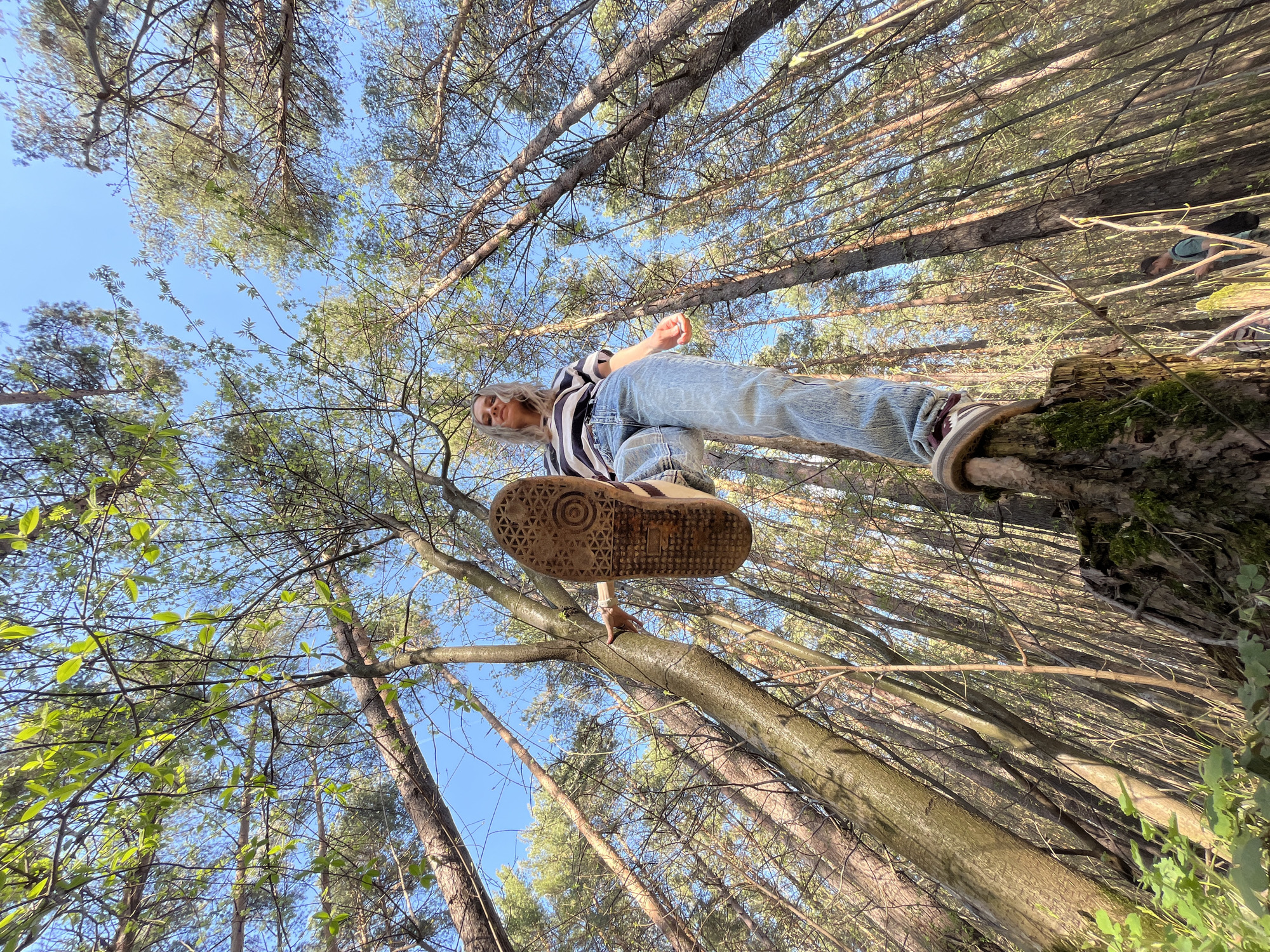 A low-angle shot looking up at a person standing on a tree trunk. The person is wearing light-wash jeans, a striped shirt, and tan shoes. The shoe sole is prominent. The background consists of tall trees and a blue sky. The image was taken in the city of Chaikovsky, Russia.