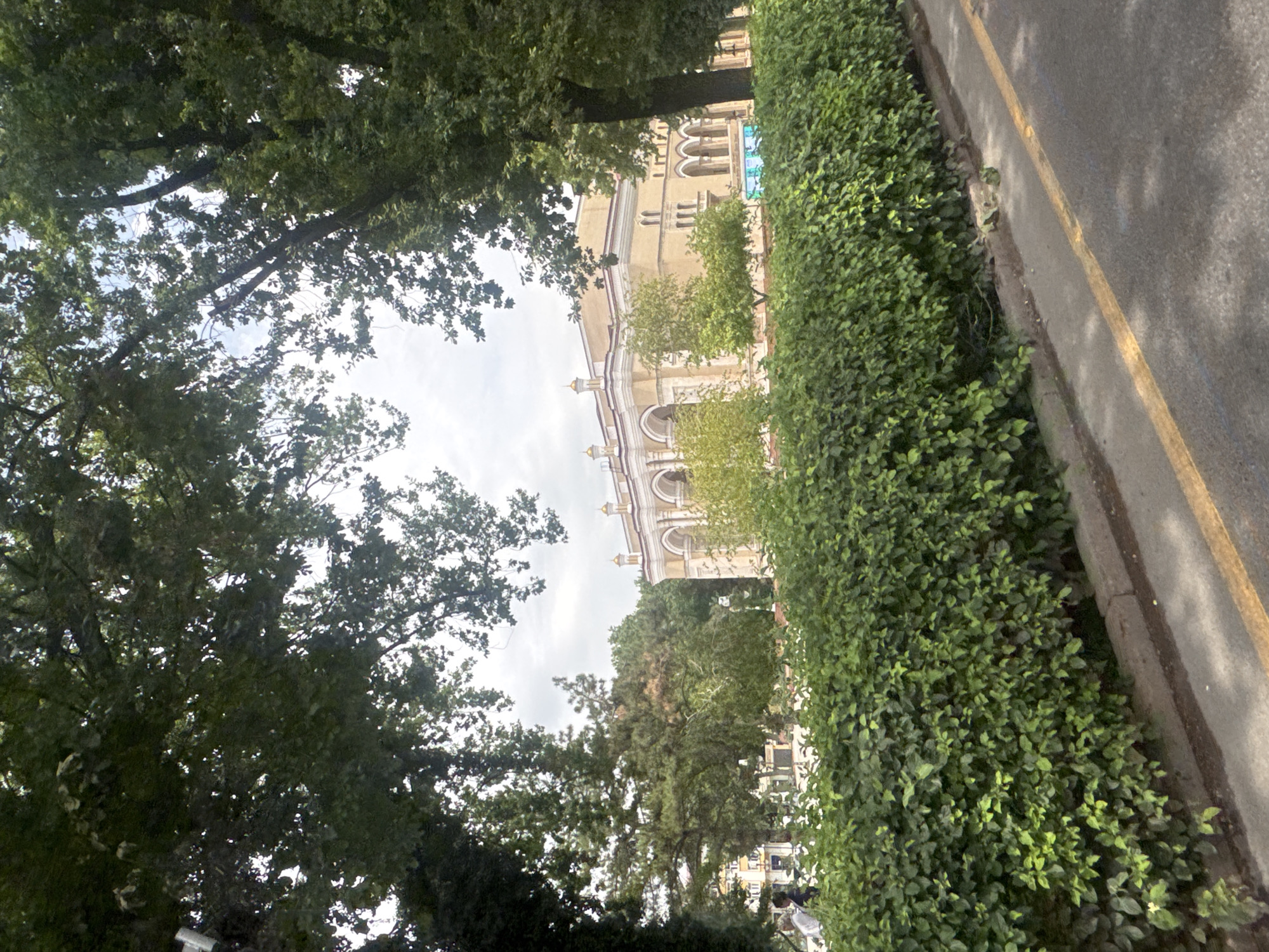 The image depicts a street scene in Tashkent, Uzbekistan, viewed from a low angle through the branches of large, leafy trees. The trees frame the view of a building with classical architecture, characterized by arched windows and ornate detailing. A dense, neatly trimmed hedge runs along the side of the street, separating the sidewalk from a paved road marked with a yellow line. The sky is overcast, suggesting it might be morning or late afternoon on a cloudy day. The setting appears to be a public area, possibly a park or a boulevard, given the presence of trees, hedges, and a road. No specific activity or event is clearly discernible, but the overall impression is one of a quiet, perhaps residential or institutional, urban environment. The architecture of the building and the presence of the hedge suggest a well-maintained and established part of the city. No visible text is present in the image.