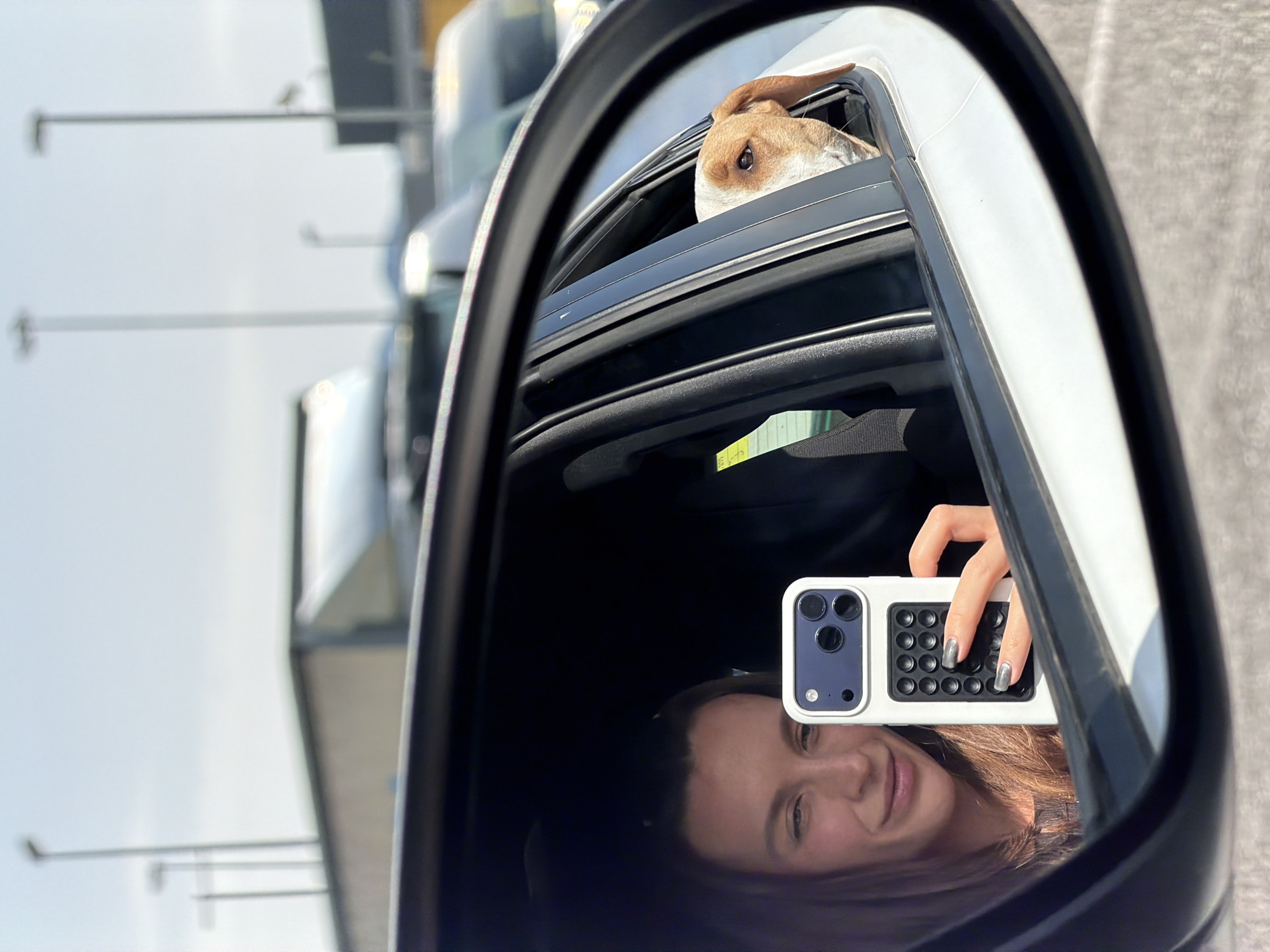 A side-view mirror reflects a person taking a photograph with their phone. A dog's head is visible above the window frame. The location is Donja Cijevna, Montenegro.