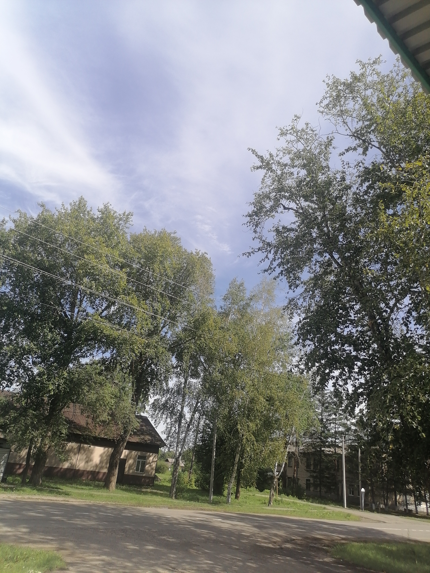 The image depicts a street scene in the village of Novopokrovka, Russia, under a partly cloudy sky. In the foreground, a grey asphalt road with some patchy grass on the sides dominates the lower portion of the frame. A line of trees with green foliage stretches across the middle ground. To the left, a light-colored building with a brown, corrugated roof and a dark brown foundation is visible, partially obscured by trees. Further to the right, behind the trees, another building with a grey facade and visible windows can be seen. A few utility poles are also present. The overall impression is a quiet, rural or semi-rural setting.