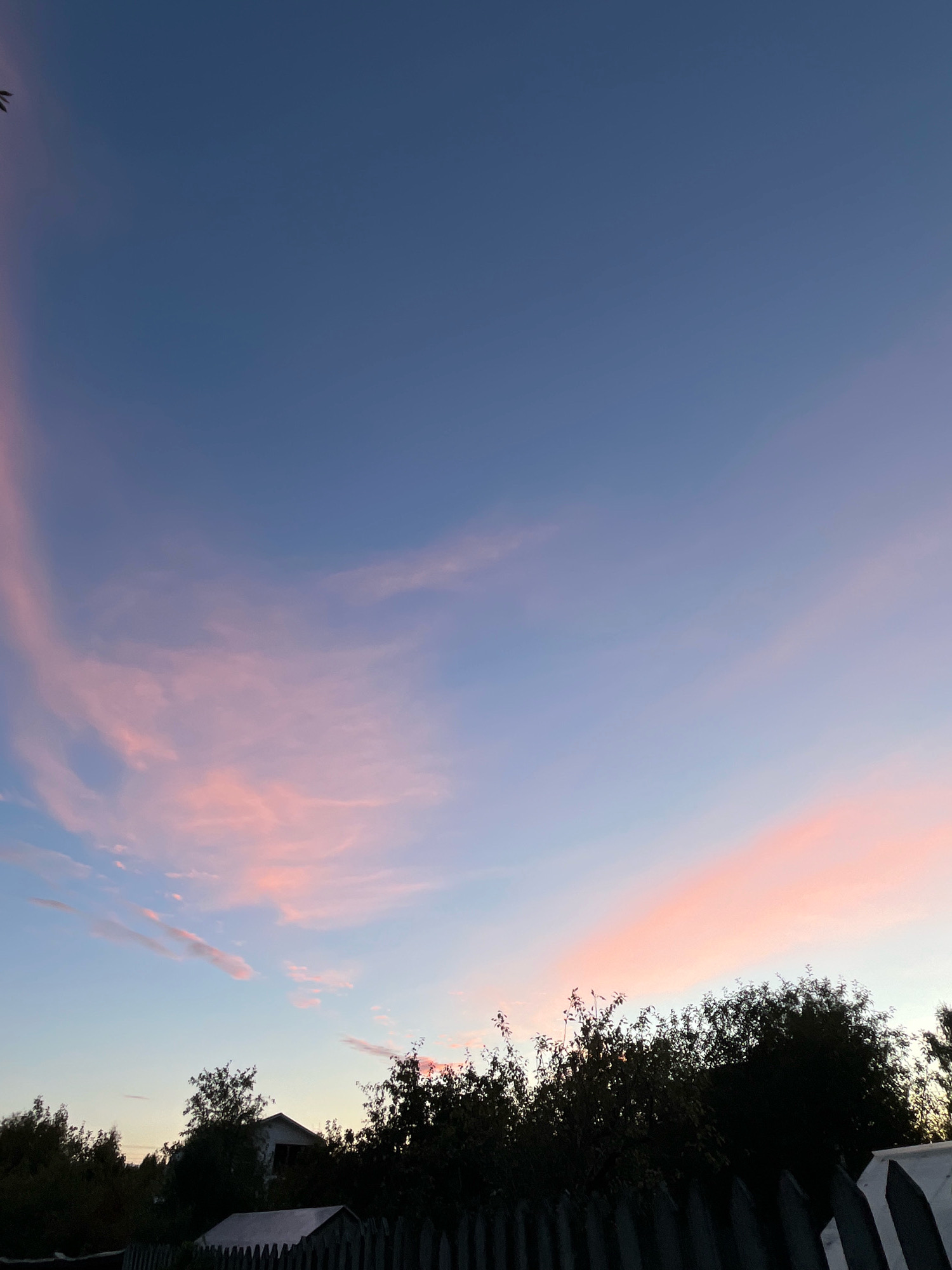 The image depicts a serene twilight sky over a rural landscape. The sky is a gradient of deep blue at the top, transitioning to soft pink and pale blue near the horizon, illuminated by scattered wispy clouds catching the last rays of the sun. Silhouetted against this colorful sky are the dark shapes of trees and some man-made structures. In the foreground, a rustic wooden fence runs horizontally across the bottom of the frame. Behind the fence, the dark masses of trees create a dense, shadowed barrier. Nestled within the trees, a small, white house with dark windows is visible. To the left of the house, a small, shed-like structure with a white roof stands. The overall impression is one of a peaceful, tranquil evening scene in a natural setting, possibly on the outskirts of a populated area.