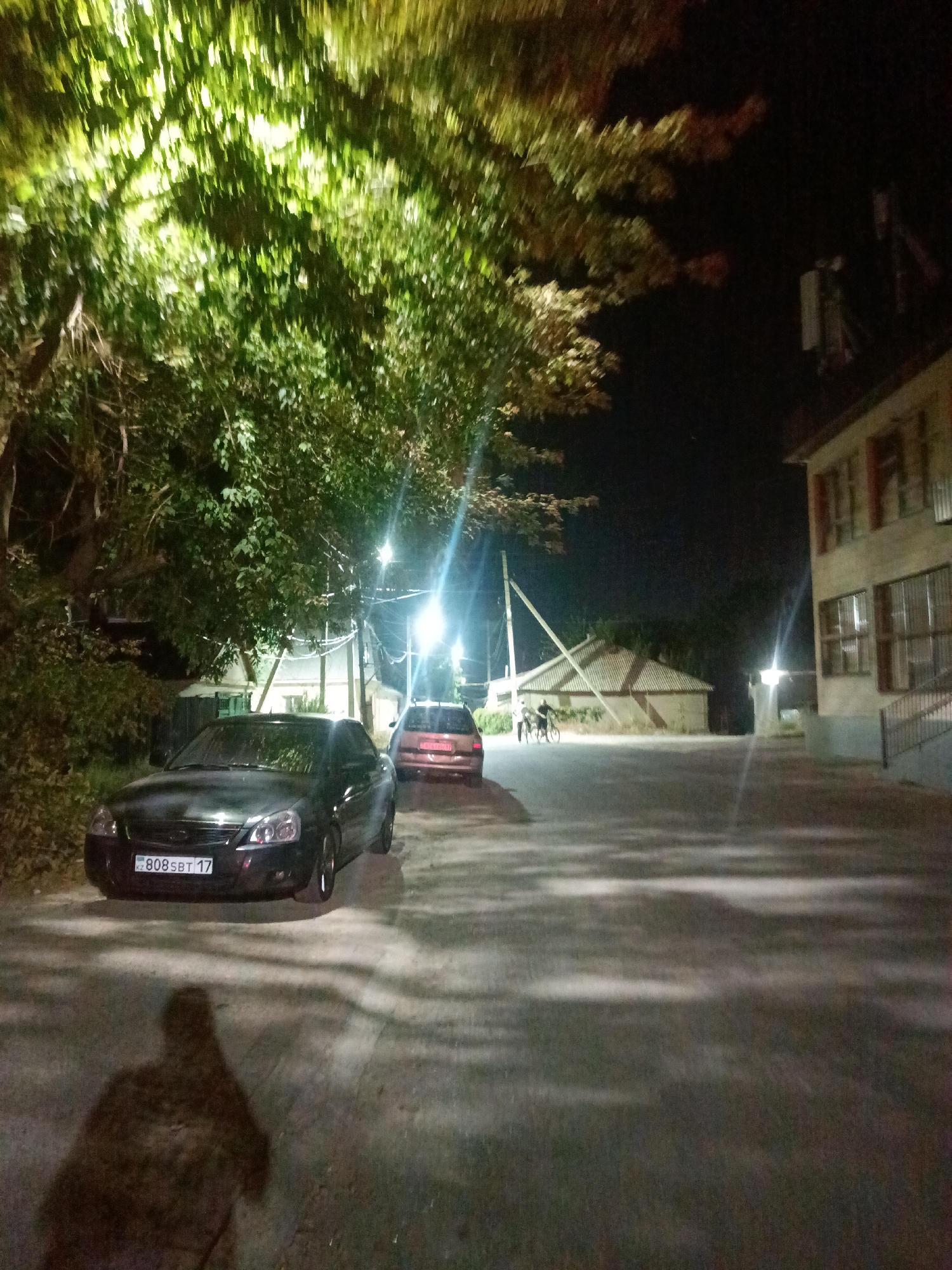 The image depicts a street scene at night in Shymkent, Kazakhstan. The foreground is dominated by a dark-colored sedan parked on a paved surface, with its license plate visible, reading "808SBT 17". To the right of the sedan, another vehicle, a reddish-brown car, is also parked. The background reveals a street lined with trees, illuminated by streetlights. Further in the distance, there is a building with multiple windows and a sloping roof, and a smaller structure with a similar roofline. Two individuals on bicycles are visible in the middle ground, near the smaller structure. The overall environment suggests a residential or semi-urban area.
