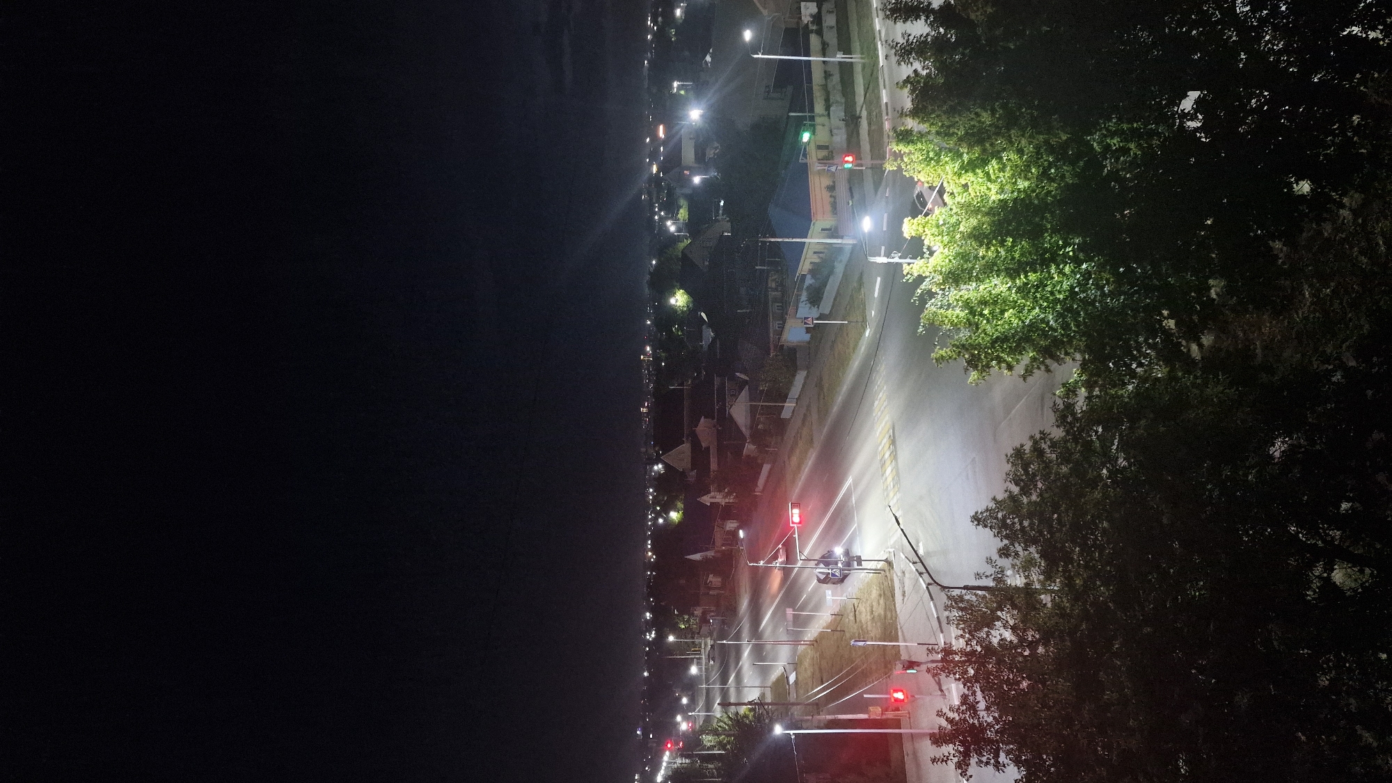 The image is a night-time aerial view of a street in Kostanay, Kazakhstan. A road with streetlights and traffic signals runs through a residential area. Several houses with pitched roofs are visible, illuminated by streetlights. A crosswalk is marked on the road, and a few vehicles, including a car and what appears to be a truck, are present. Trees line the foreground and sides of the road. The sky is dark, with some faint cloud cover and distant city lights. The overall impression is one of a quiet, typical night in a suburban or semi-urban setting.