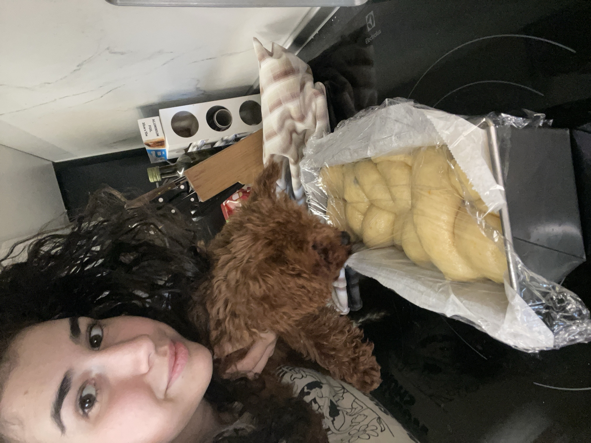 A selfie photograph depicts a woman holding a brown poodle in her arms. The background reveals a kitchen counter with a white marble backsplash, topped with various items including a package of challah bread wrapped in plastic, kitchen utensils, a box of aluminum foil, olive oil, and a striped oven mitt. An Electrolux brand stovetop is visible. The location is within a kitchen in Sofia, Bulgaria.