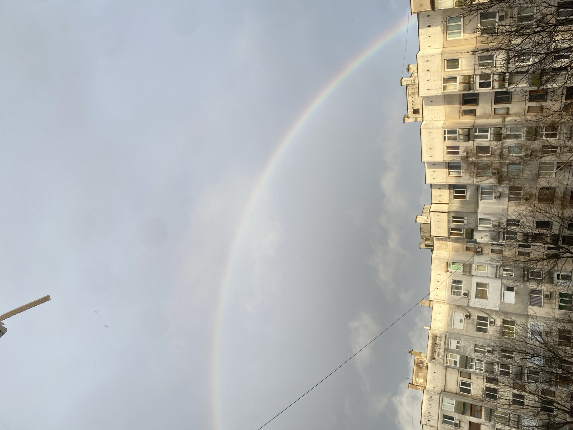 The scene depicts an urban environment in Pleven, Bulgaria, under an overcast sky with patches of brighter light. A prominent, multi-colored rainbow arches across the upper-middle section of the grey-clouded sky, visible above a large, multi-story residential building. This building, likely an apartment block, dominates the lower half of the image. It features a light-colored, weathered facade with numerous windows of varying styles, some with external air conditioning units and individual balconies. Portions of the building are illuminated by sunlight, while other areas remain shadowed. In the foreground, the bare, leafless branches of several deciduous trees partially obscure the lower floors of the structure. A thin, dark utility cable runs diagonally across the sky from the upper-left, and a yellow, corrugated object, possibly part of construction equipment, is partially visible in the extreme upper-left corner. No people or specific actions are discernible.