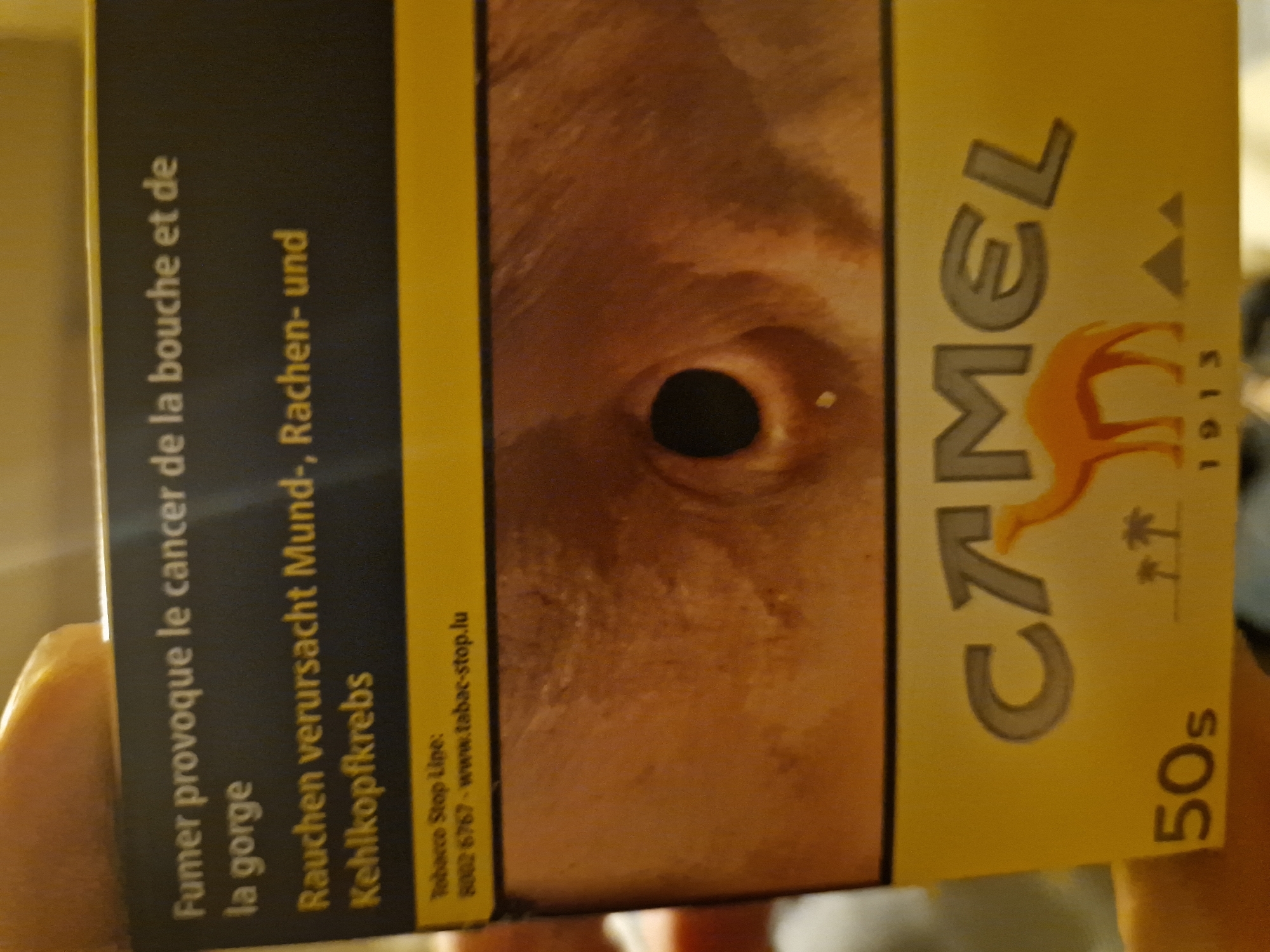 The image shows a close-up of a pack of Camel cigarettes. The pack features health warnings in French and German. In French, it reads "Fumer provoque le cancer de la bouche et de la gorge" (Smoking causes mouth and throat cancer). In German, it states "Rauchen verursacht Mund-, Rachen- und Kehlkopfkrebs" (Smoking causes mouth, throat, and larynx cancer). Below the warnings, a "Tobacco Stop Line" is listed with a phone number and website: "8002 6767 - www.tabac-stop.lu". The central part of the pack displays a close-up image of a human eye, with a dark pupil. The bottom portion of the pack has the "CAMEL" logo, featuring a camel silhouette, the year "1913", and the text "50s". The overall color scheme is yellow and black, typical of cigarette packaging. The location in the city of Waulsort, Belgium, is not evident from the image.