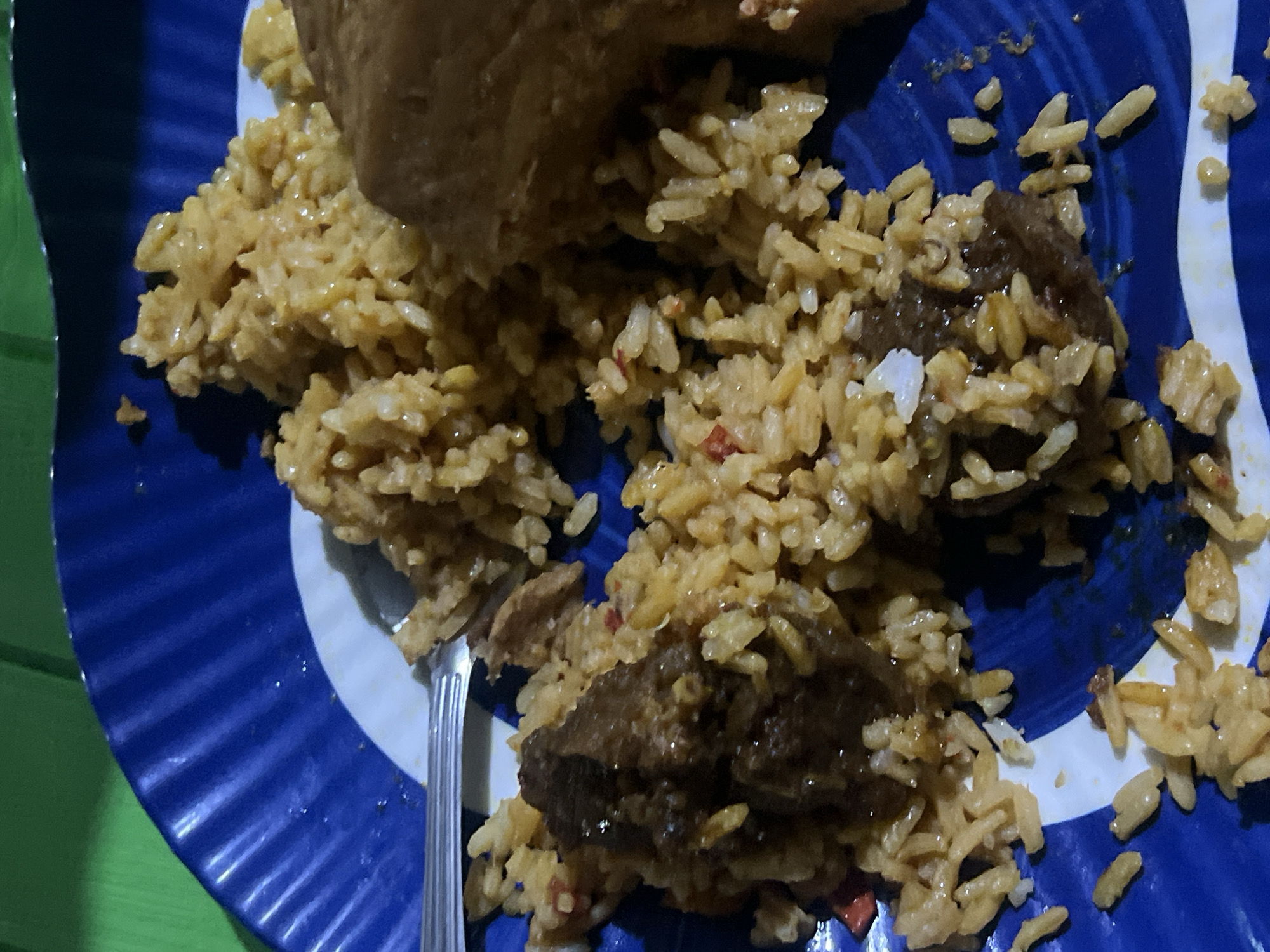 A close-up shot shows a serving of food on a blue and white striped plate. The food primarily consists of rice mixed with pieces of what appears to be meat. A metal fork lies amongst the food. The plate rests on a green surface. This image does not provide information about the location in the city of Jalingo, Nigeria, or any people, actions, or interactions.