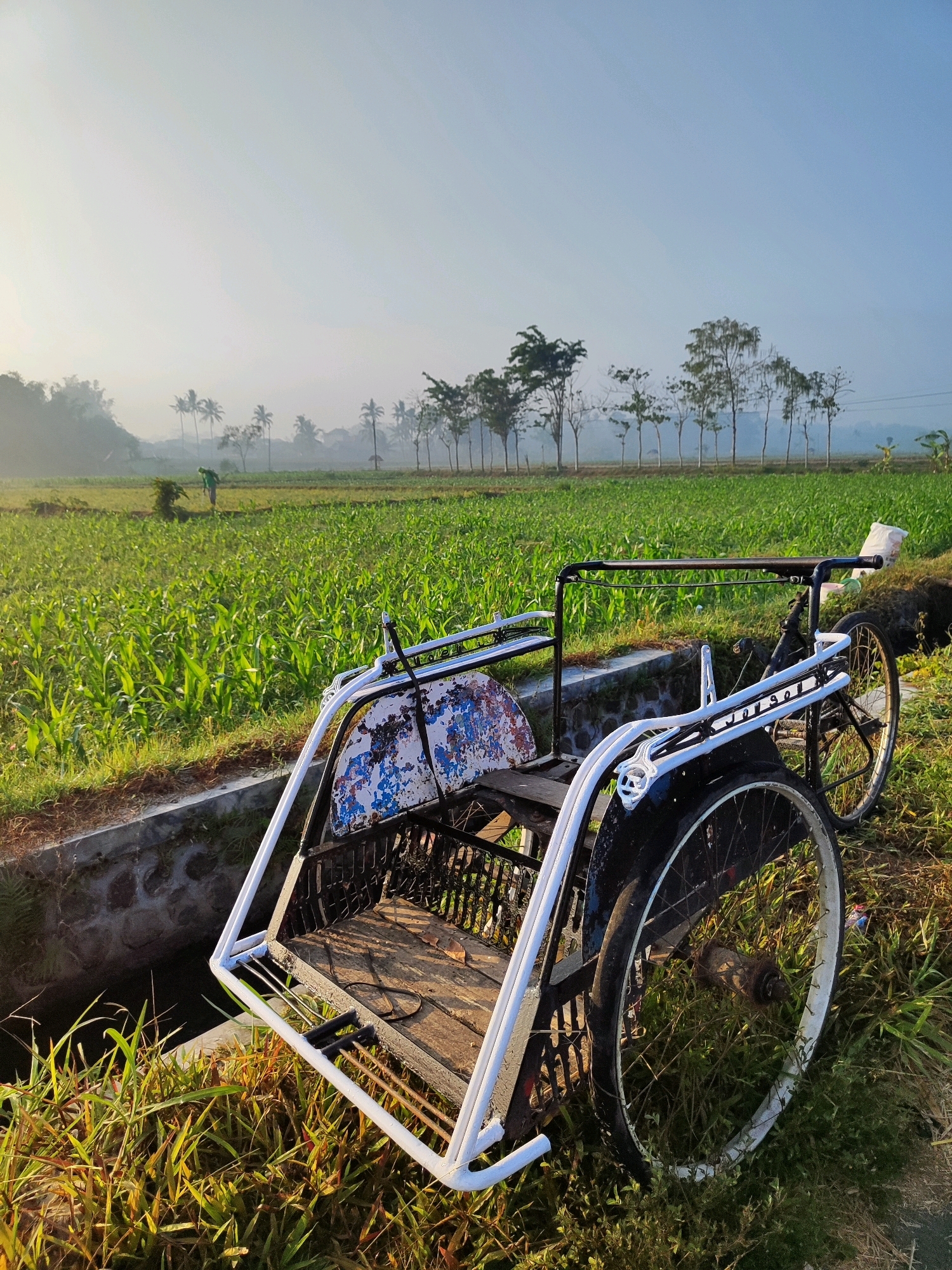 A rural scene in Bataan, Indonesia, captured at sunrise. In the foreground, a weathered three-wheeled bicycle, a common mode of transport in the region, is parked on the grassy verge next to a concrete irrigation channel. The bicycle's seat, adorned with peeling blue and white paint, faces the viewer. Beyond the bicycle, a vast field of young cornstalks stretches towards a line of trees in the middle ground. The field is bisected by a narrow waterway. In the far distance, a lone figure, possibly a farmer, can be seen tending to the crops. A light haze hangs over the landscape, softening the morning light. The sky is clear and bright, indicating the start of a new day.