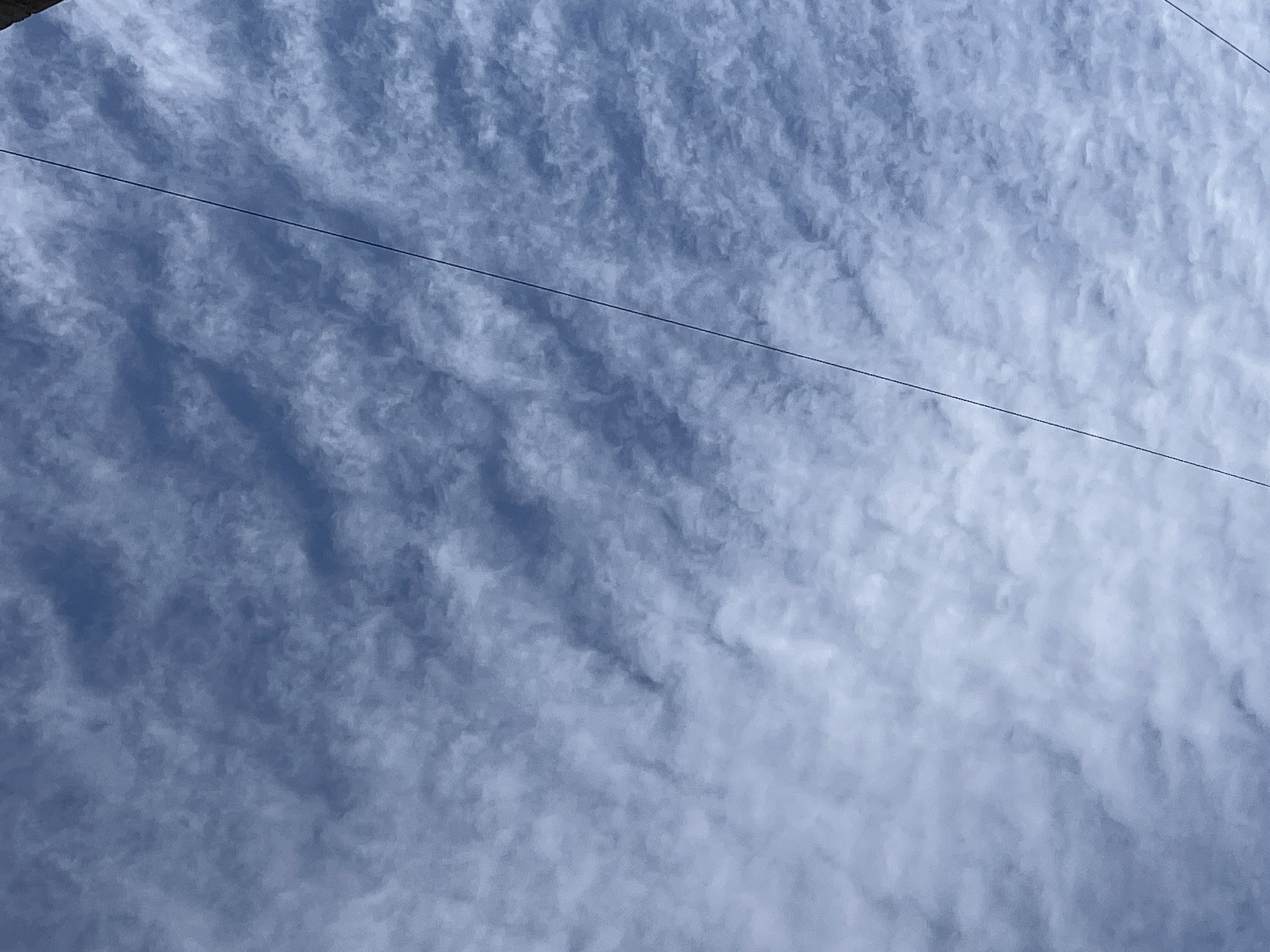 The image shows a blue sky covered with altocumulus clouds. A thin, straight electrical wire runs diagonally across the frame from the upper left to the lower right. There are no people or other objects visible. The location in Krasnoyarsk, Russia is not discernible from the image alone.