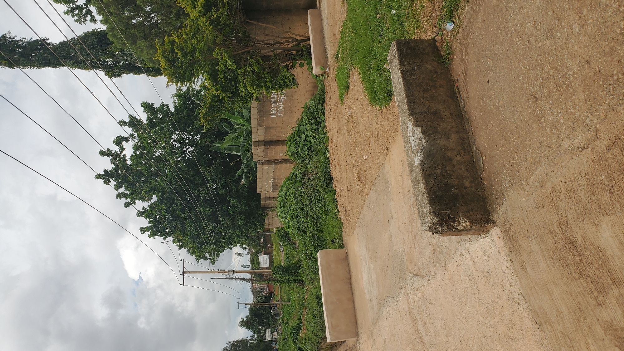 The image depicts an outdoor scene in Jos, Nigeria. In the foreground, a concrete barrier runs horizontally, with a paved surface extending from it. To the left, another concrete barrier is visible, partially submerged in a patch of ground. Behind this, a dirt path leads towards a dense area of overgrown vegetation. A low, concrete wall, constructed from rough blocks, forms a boundary in the mid-ground, with more overgrowth visible on its left side. Writing is visible on this wall, reading "N:60 EMPLY" and "07042632". Beyond the wall, trees with lush green foliage are present, interspersed with banana plants. A tall, slender tree stands to the far right. The sky is overcast, with visible power lines stretching across the upper portion of the image, supported by a utility pole on the left. The overall impression is of an urban or semi-urban environment with a noticeable amount of unchecked vegetation.