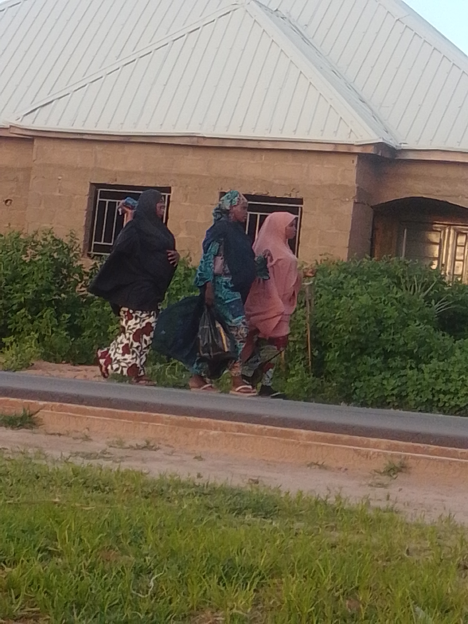 Three women are walking on a dirt path beside a road in front of a building with a light-colored, corrugated metal roof and brick walls. The woman on the left wears a black headscarf and a patterned skirt. The middle woman wears a green and blue patterned outfit and a headscarf, carrying a black bag. The woman on the right wears a pink headscarf and a patterned outfit. They are walking from left to right in the frame, with bushes and trees visible behind them and to the right. The scene appears to be in Gombe, Nigeria.