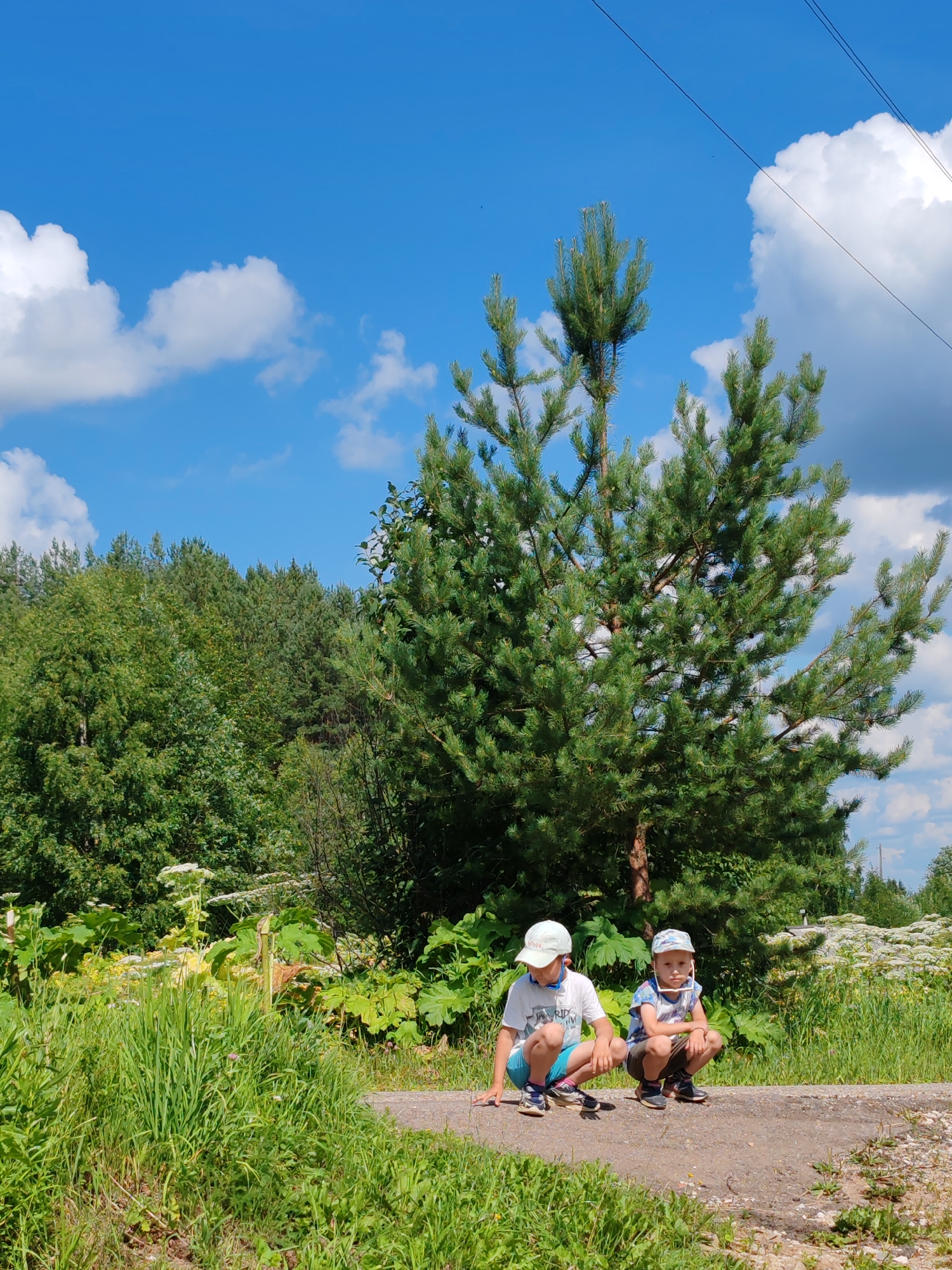 Two young boys are squatting on a dirt path outdoors, with a dense forest and a large pine tree behind them. The boy on the left wears a white t-shirt, blue shorts, a white baseball cap, and dark sneakers. The boy on the right wears a patterned t-shirt, brown shorts, a patterned baseball cap, and dark sneakers. Both boys are looking forward. The sky above is blue with scattered white clouds. The environment appears to be rural, with tall green grass and other vegetation growing alongside the path. The scene is set in Чухлэм, Russia.