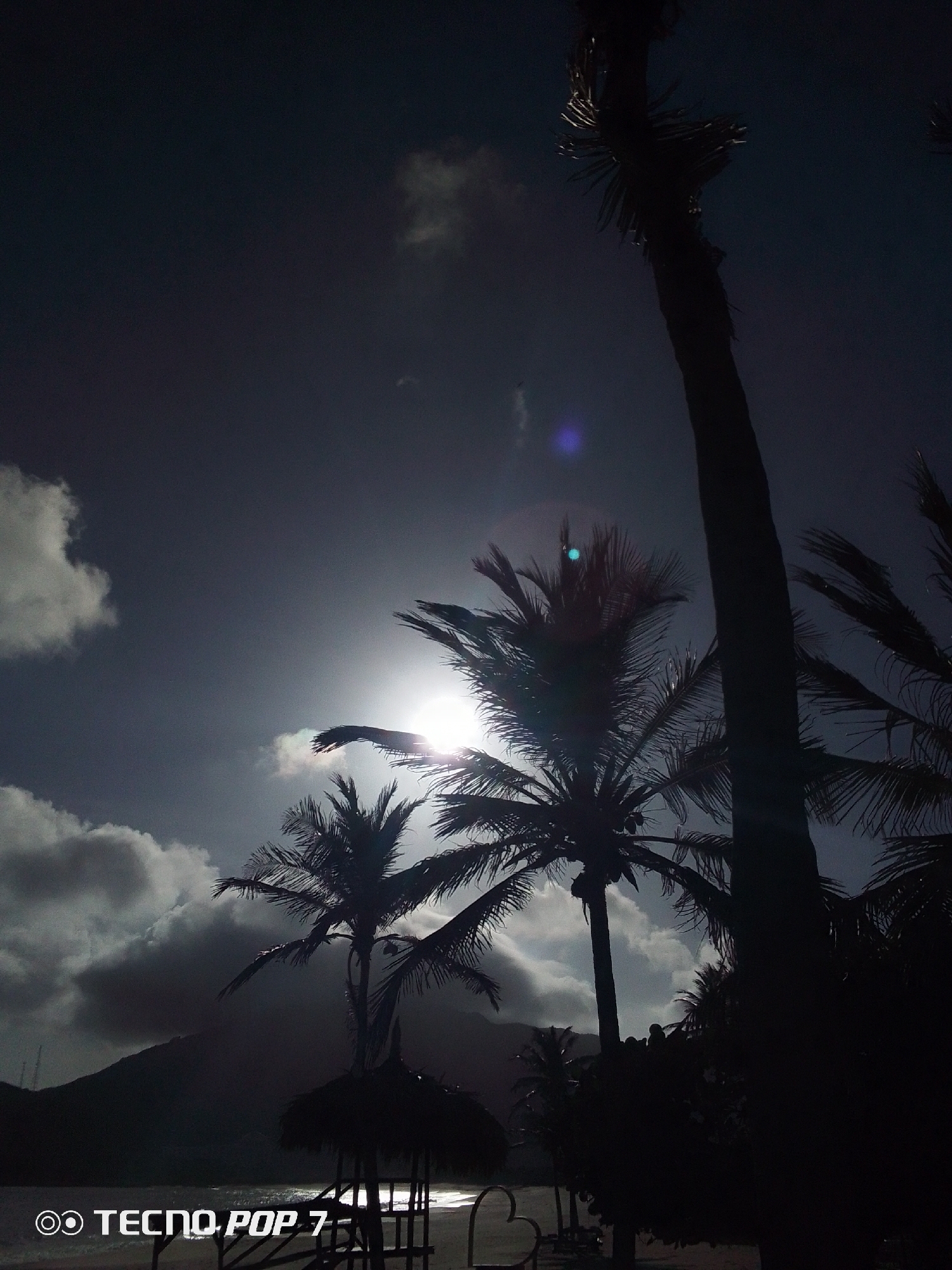 The image captures a beachfront scene in what appears to be Pedro González, Venezuela, with several silhouetted palm trees dominating the foreground. The sun shines brightly through the branches of one of the palm trees, creating a strong contrast against the dark silhouettes. In the distance, a beach and a mountain can be seen. There is also an object shaped like a heart in the foreground. The sky is overcast with clouds, and the photo is taken with a TECNO POP 7 phone, indicated by the watermark in the bottom left corner. The scene has a tranquil yet slightly dramatic feel due to the intense sunlight and silhouetted elements.