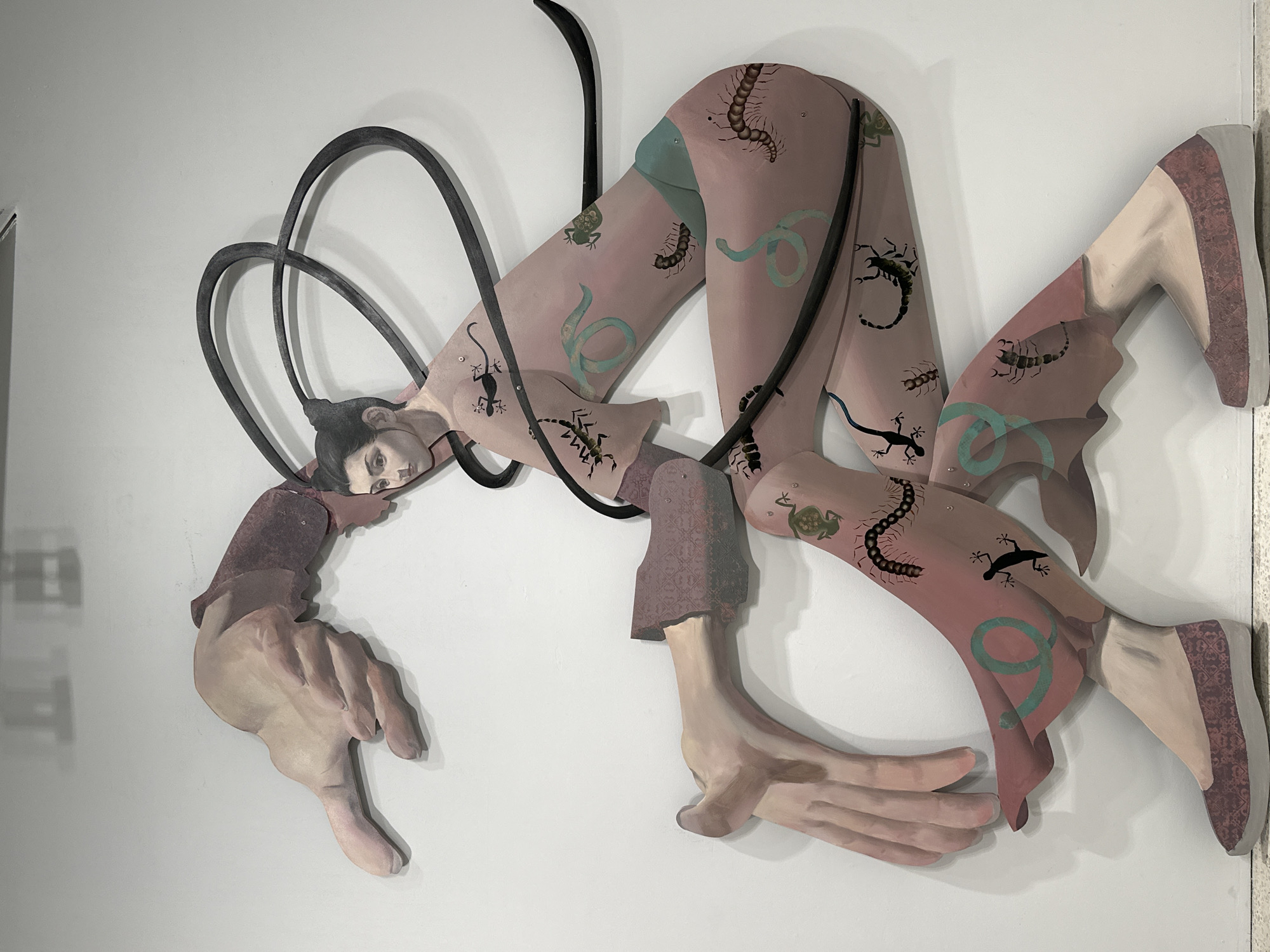 The image depicts a three-dimensional art installation mounted on a white wall. The artwork features a fragmented human figure constructed from flat, painted pieces. The figure is dismembered, with limbs and torso positioned seemingly randomly. The skin tone is a pale, fleshy pink, adorned with painted images of scorpions, centipedes, lizards, and serpentine shapes. The head of the figure is positioned near the left, with an expressionless face and dark hair. Black, curving metal rods encircle the head and extend into the artwork, possibly representing a conceptual element. The limbs are positioned in unnatural angles, and one hand extends towards the left, appearing to point. The other foot has a painted shoe with a patterned, burgundy-colored sole. The artwork appears to be attached to the wall with some visible pegs or small fixtures. The background is a plain white wall, with minor imperfections visible. There is no evidence to connect this image to Banan, China.