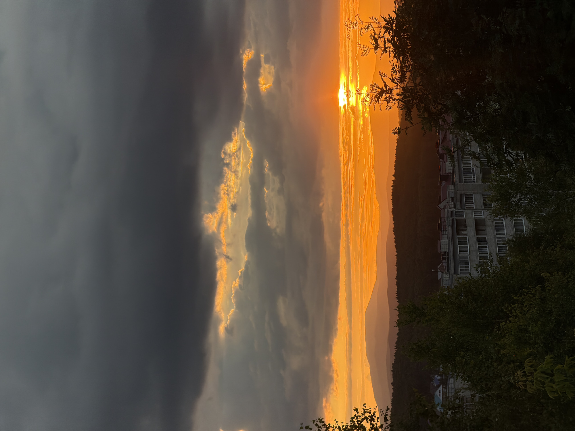 The image displays a dramatic sunset scene. The sun, a bright orb, is partially obscured by clouds and appears to be setting behind a range of mountains. The sky is a vibrant gradient of oranges and yellows, with dark, ominous clouds on the left side of the frame. These dark clouds contrast sharply with the warm tones of the sunset.
In the foreground, silhouetted trees and foliage frame the view on the right side of the image. A multi-story building with many windows is visible behind the trees, suggesting an urban or semi-urban setting. The building appears to be made of concrete and has a somewhat weathered appearance. Layers of hazy mountains recede into the distance, softened by the atmospheric conditions of the sunset.
The time of day is clearly sunset, given the colors of the sky and the position of the sun. The weather appears to be dynamic, with a mix of clear skies allowing for the brilliant sunset and darker clouds indicating potential rain or a storm approaching. The overall mood conveyed by the image is one of awe and perhaps a touch of melancholy, due to the contrast between the vibrant sky and the darkening clouds. There is no visible text in the image.