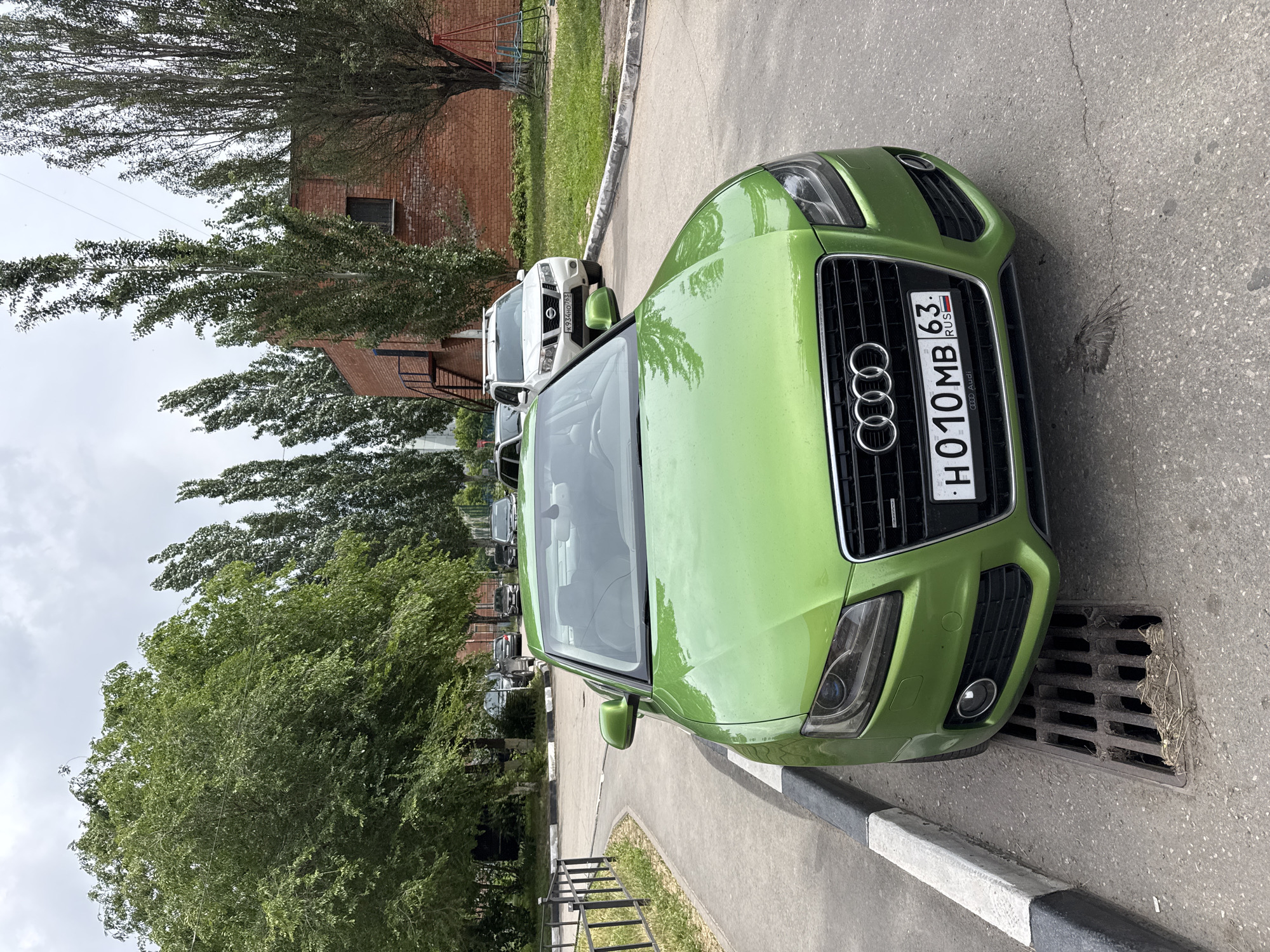 A green Audi A5 coupe, bearing the Russian license plate H 010 MB 63, is parked on an asphalt street, partially over a metal drainage grate. The car is positioned adjacent to a curb painted with black and white stripes. Other parked cars are visible in the background, along with trees, a brick building, and a cloudy sky. The scene is located in an urban area of Unknown, Unknown.