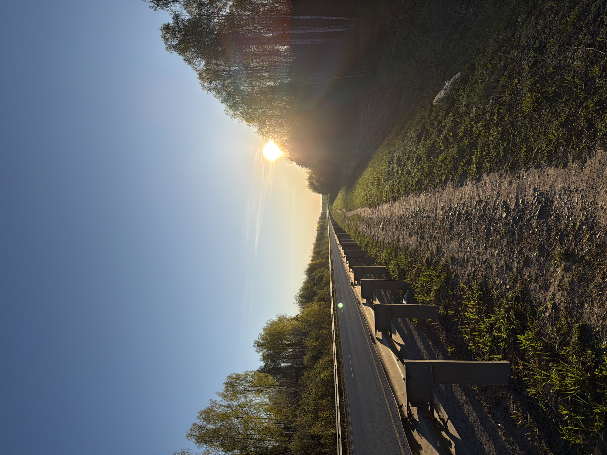 The image shows a long, straight asphalt road with a metal guardrail running along its right side. The road stretches into the distance, seemingly converging towards a point where the sun is rising or setting, casting a bright glare. On either side of the road are wooded areas, with trees lining the edges and extending into the background. The sky transitions from a deep blue to a lighter yellow-orange near the horizon where the sun is positioned. A dirt path runs alongside the road to the right. The image appears to be taken at ground level. The location is Люкшудья, Russia.