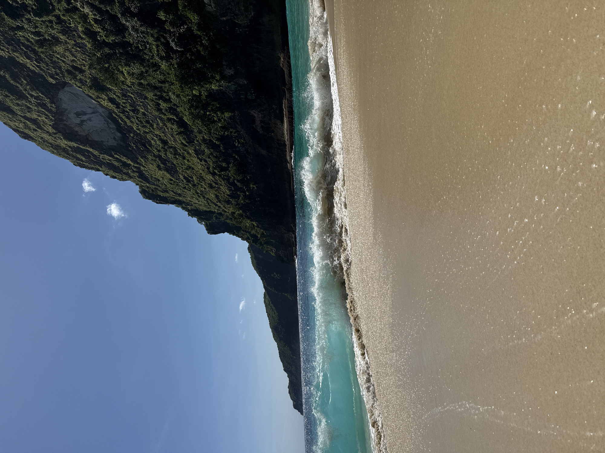 The image shows a beach scene at Kelingking Beach in Bunga Mekar, Nusa Penida, Indonesia. The frame is divided roughly into three sections: the left shows a blue sky with a few clouds above a steep, green cliff face covered in dense vegetation. The center depicts the turquoise ocean with waves breaking onto the shore. The right portion consists of a sandy beach, wet from the receding tide. There are no people visible in the scene.
