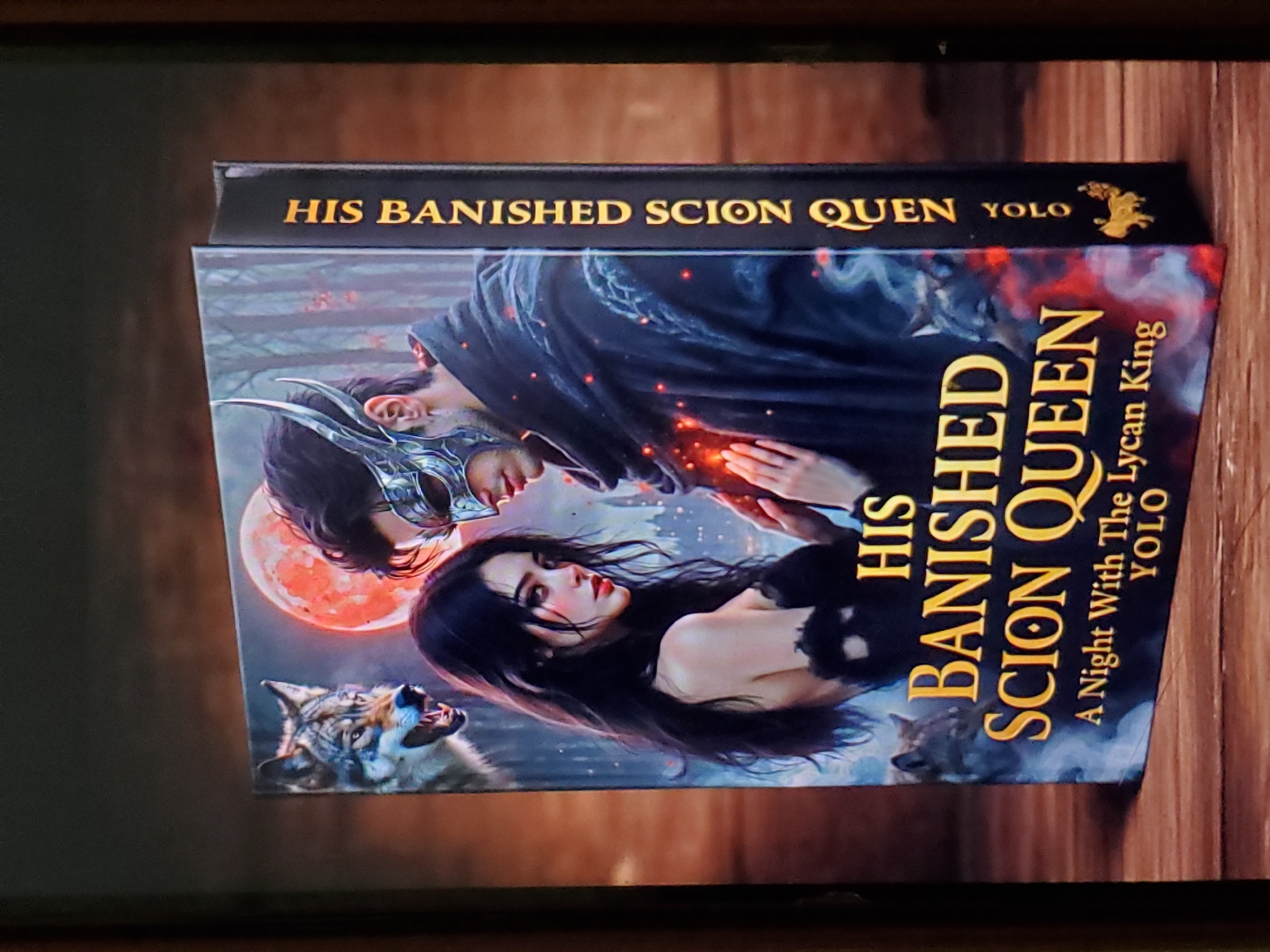 The image is a close-up of a book cover, likely for a fantasy novel. The cover features an illustration of a man and a woman with a dramatic, moonlit background. The man wears a ornate mask and dark cloak, while the woman has long dark hair and is looking over her shoulder. Wolves are depicted on either side of the couple. The title of the book, "HIS BANISHED SCION QUEEN," is prominently displayed in gold lettering. Below the main title, it reads "A Night With The Lycan King" and "YOLO." The spine of the book also has "HIS BANISHED SCION QUEEN" printed vertically in gold. The book is placed on a wooden surface, which appears to be a table or shelf. The overall lighting is dim, with the book cover being the primary illuminated subject. The scene is indoors, with the background appearing to be a wall or a dark, out-of-focus environment. There is no indication of a city or specific location.