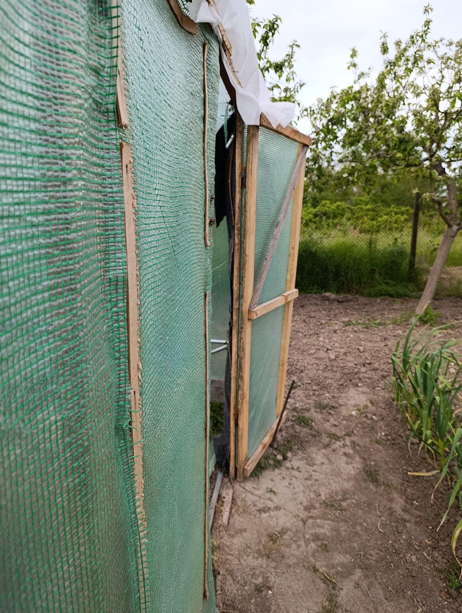 The image shows a partially constructed greenhouse or enclosure located outdoors, likely in a backyard or garden setting. The structure has a wooden frame covered with green netting. A door, also framed in wood and covered with the same green netting, is ajar. Patches of white material are visible near the top of the structure. The ground is dirt and gravel. Some green plants, possibly garlic or onions, are growing along a border. In the background are trees, grass, and a wire fence. The image suggests the location is in Generalovo, Bulgaria.