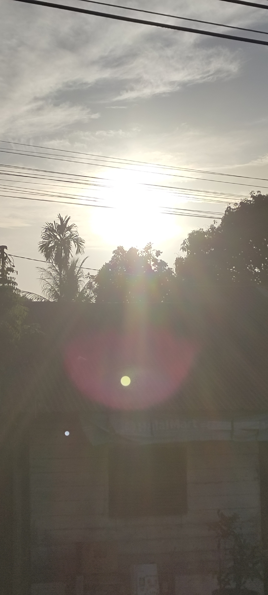 The image, taken in what appears to be Cotgadong, Indonesia, depicts a bright, sunlit outdoor scene. In the foreground, a weathered, wood-paneled structure is visible, likely a building, with an obscured sign that reads "Digital Mart." Above, power lines stretch across the upper portion of the frame against a partly cloudy sky. A dense array of trees and foliage partially obscures the sun, creating a significant lens flare effect. The strong sunlight makes details difficult to discern, though a palm tree is visible amongst the foliage. No people are visible in the image. The environment appears to be a mix of urban and natural elements.
