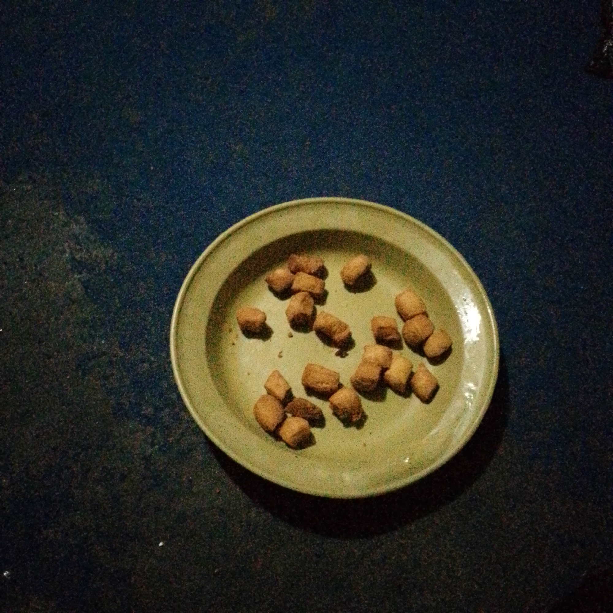 The image shows a plate of small, square, brown pieces of food on a green plate. The plate is sitting on a dark blue, possibly textured surface. The lighting is dim, creating shadows around the plate. The location is not specified in the image.