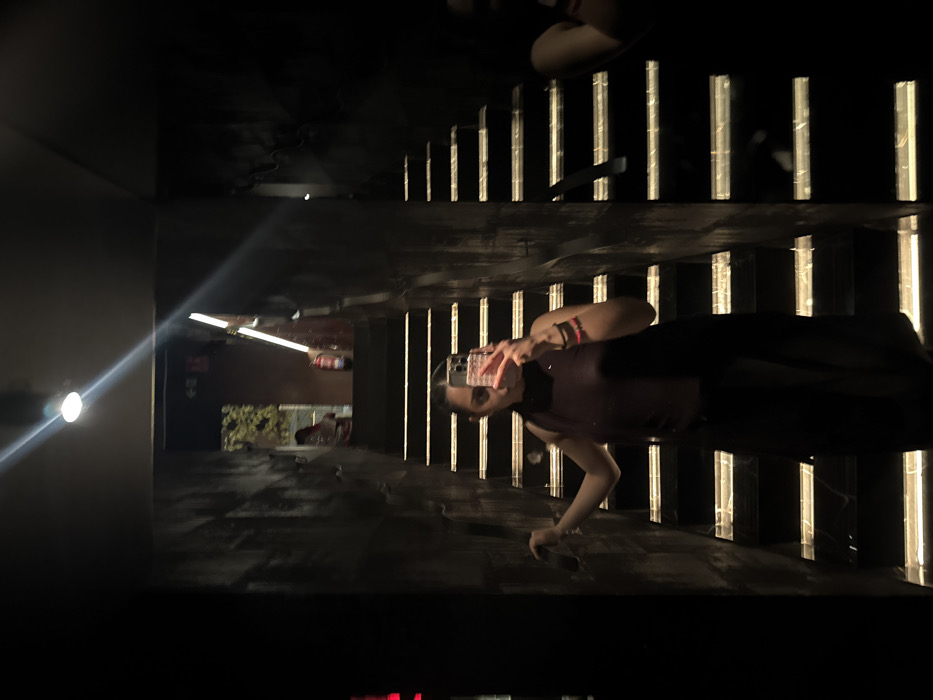 A person is seen from the waist up, holding a cell phone, seemingly taking a selfie. The scene is dark, with vertical bright lines dominating the right side. The floor appears reflective. The background shows what could be the outside with sparse greenery and vehicles. A bright light illuminates the left side of the frame, adding to the dramatic effect.