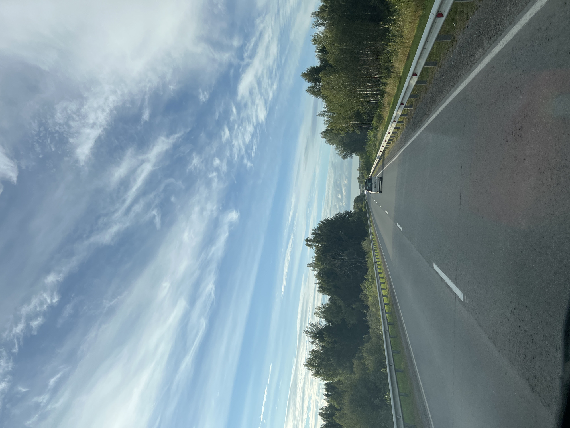 This is a vertical, eye-level, outdoor shot from a vehicle traveling on a highway in Bol'shoi Oesh, Russia. The road is paved with two lanes, marked by white lines. A silver car is visible in the distance, traveling in the same direction. The road is bordered by a metal guardrail on the right side, with a grassy shoulder and trees beyond. The sky is blue with wispy white clouds. The surrounding landscape consists of dense green trees and foliage. The lighting suggests it is daytime, likely late afternoon or early evening.