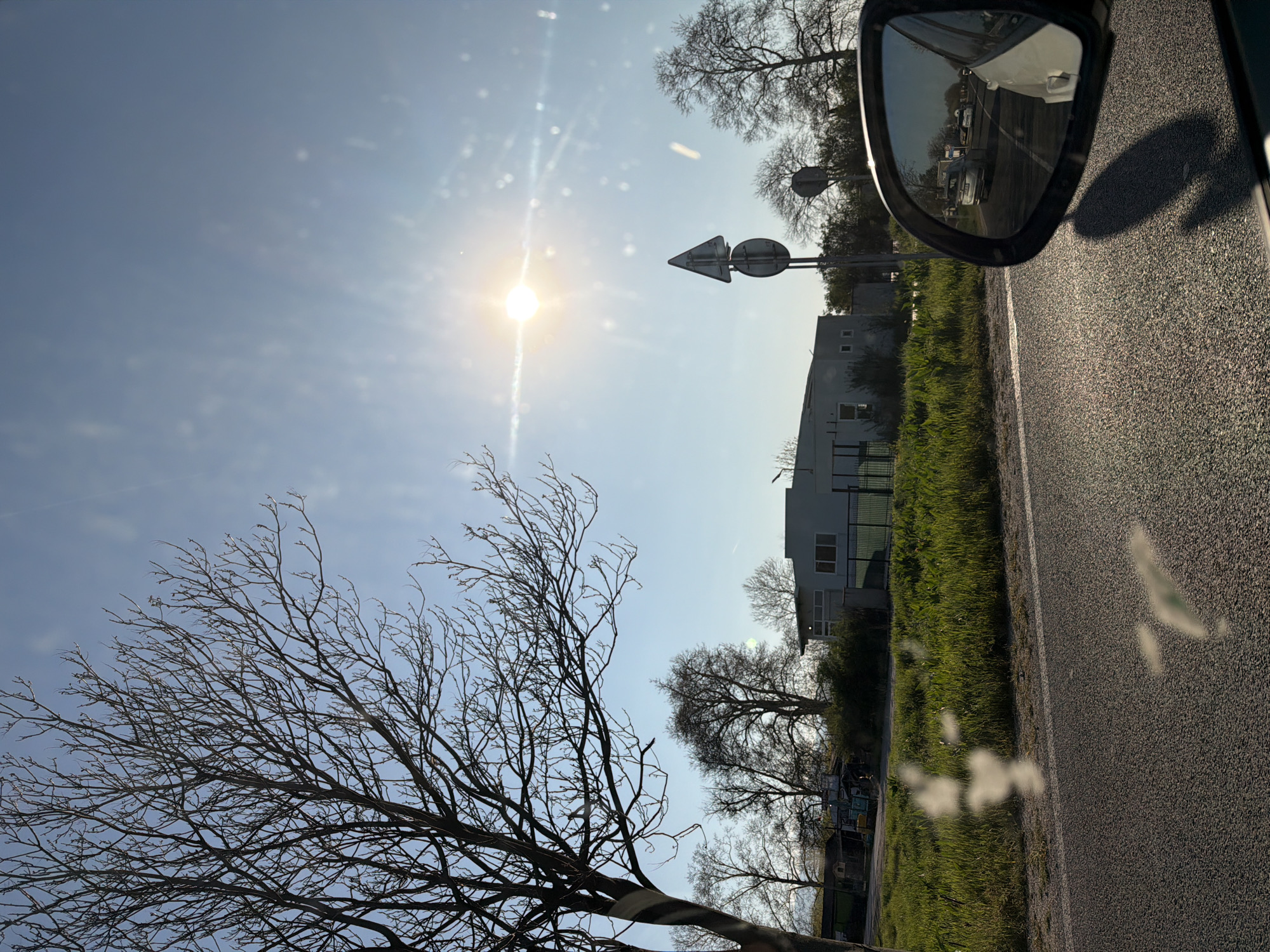A daytime view from inside a vehicle, focusing on the roadside and sky. A bare tree with slender branches is on the left. The sun shines brightly in the sky, with some contrails visible. A road sign with directional arrows stands along the road. Adjacent to the road is a patch of green grass. A building with a light-colored facade is behind the grass. The side mirror of the car is visible on the right, reflecting other vehicles. The scene is situated in the city of Unknown, Unknown.
