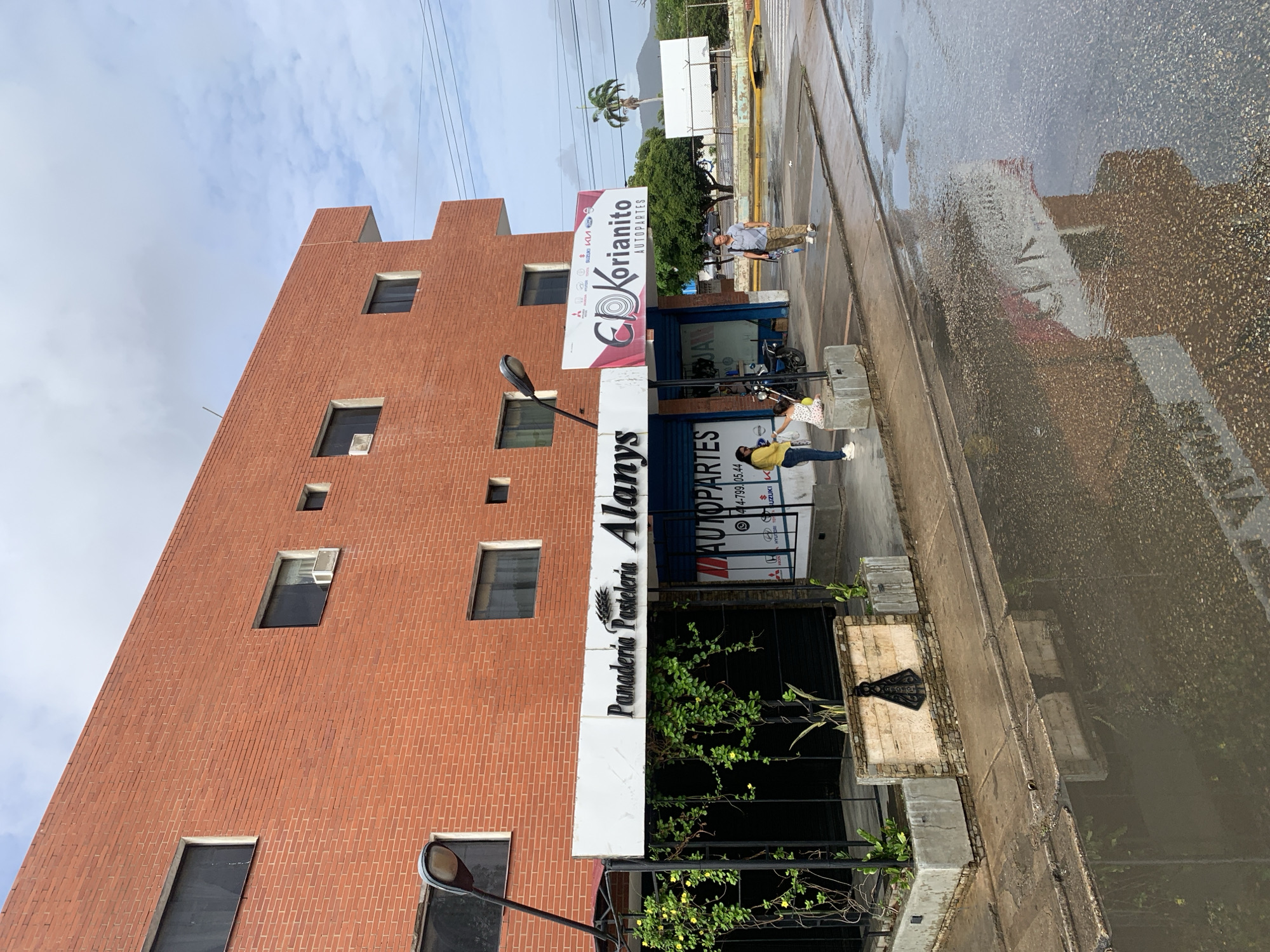 A brick building with multiple windows is pictured in Altagracia, Venezuela. Two signs are visible on the front of the building. The left sign reads "Panaderia Pasteleria Alanys" and the right sign reads "Korianito Autopartes". A woman in a yellow shirt and jeans and a young girl in a pink dress stand on the sidewalk in front of the building. A man walks away from the building carrying a skateboard. The sidewalk and street are wet, indicating recent rain. A large puddle reflects the building and the sky. In the background, a palm tree and mountains are visible.