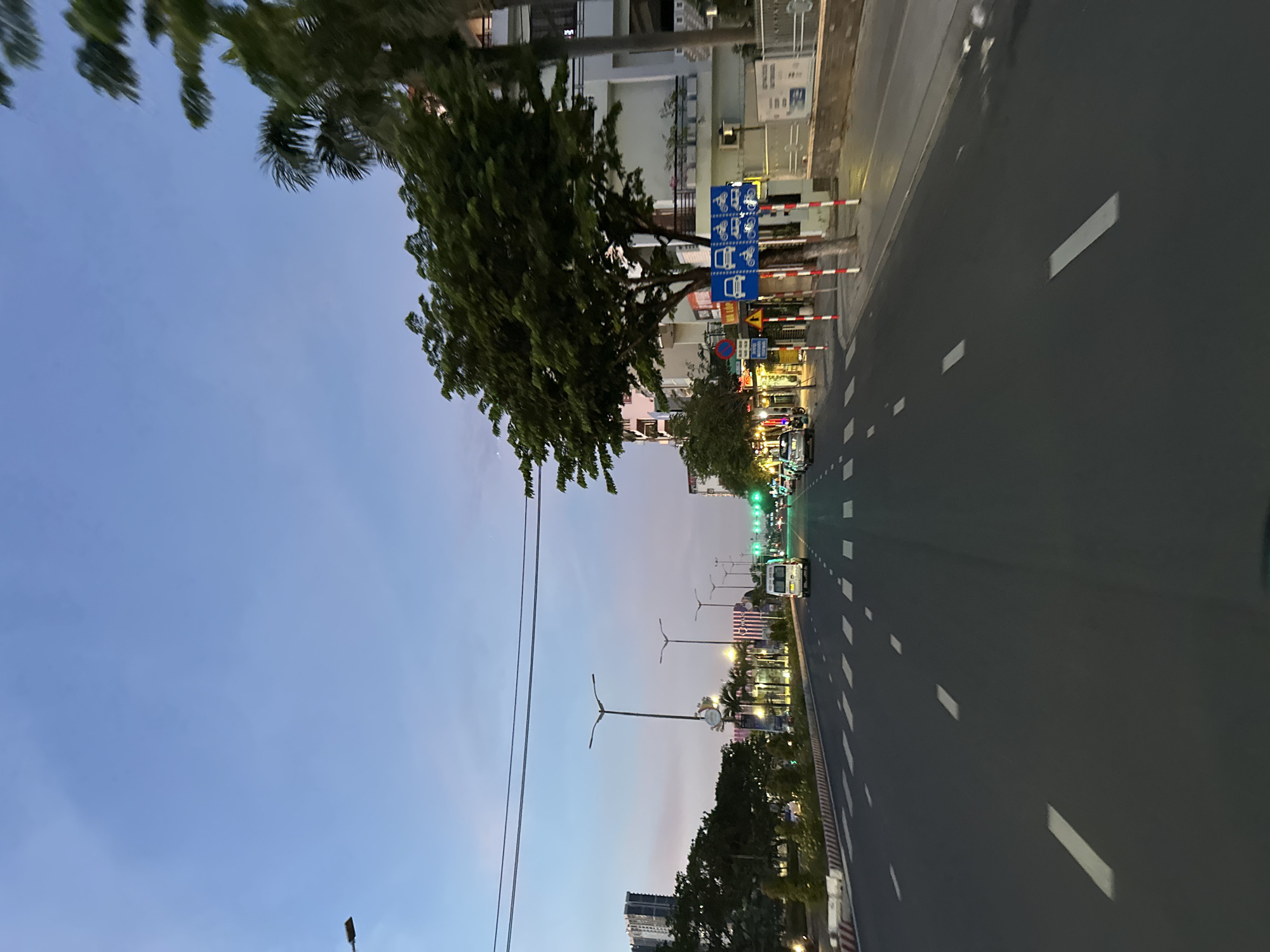 This is a medium-shot, eye-level, horizontal, medium-wide photograph captured at dusk on a street in Da Nang, Vietnam. The perspective is from a vehicle moving forward. The scene depicts a multi-lane road with a clear median and white dashed lane markings. On the right side of the road, there is a sidewalk lined with buildings, palm trees, and a large, mature tree with a full canopy. Traffic signs, including those indicating lanes for cars and motorcycles, are visible. A white van is driving in the right lane. On the left side of the road, there are trees and a tall modern building in the distance. The sky is a gradient of blue and purple, indicating twilight. The lighting suggests the transition from daylight to nighttime, with streetlights and building lights beginning to illuminate. The atmosphere is calm and urban.