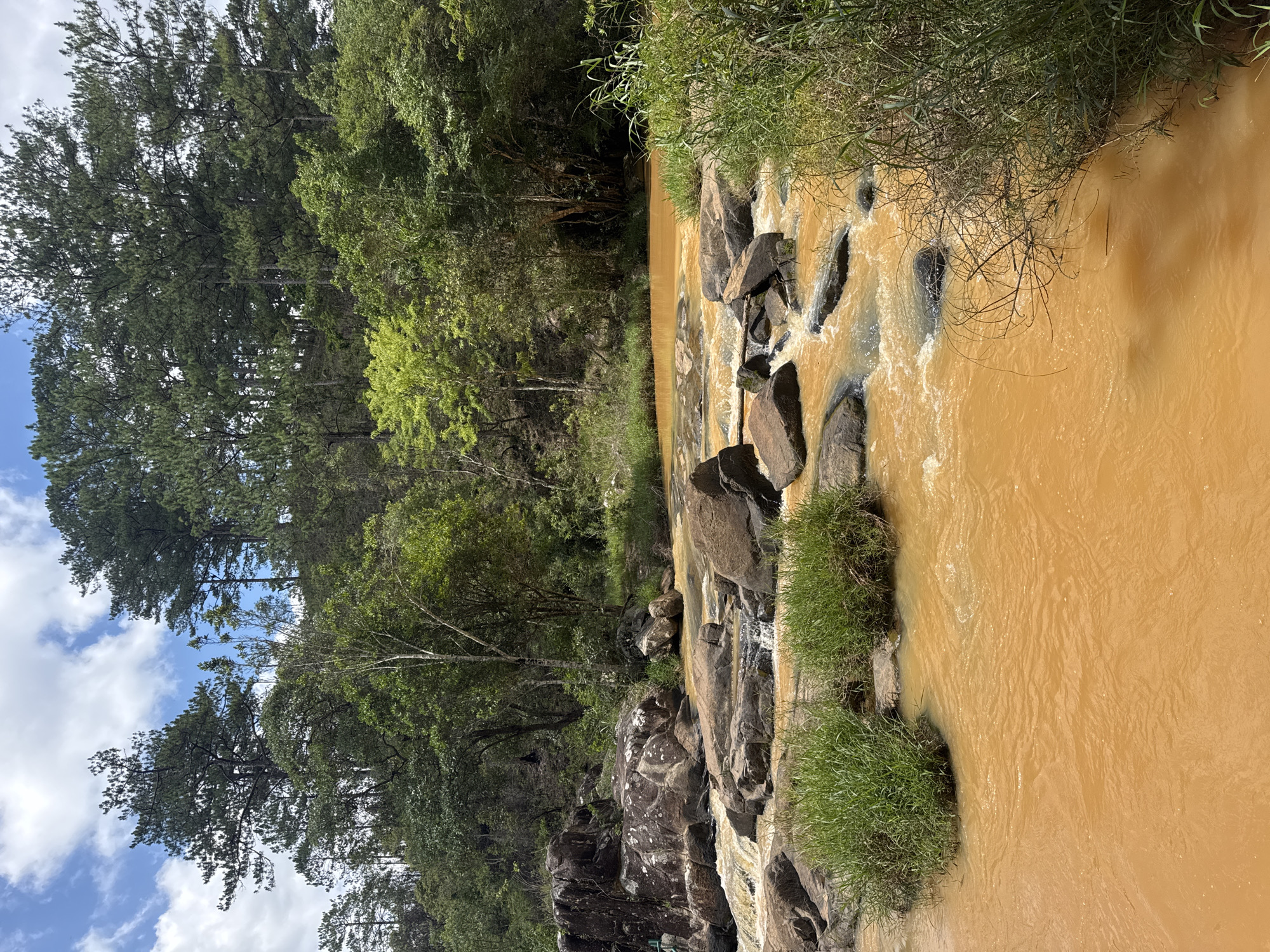 The image depicts a section of a river in Păng Tiêng 1, Vietnam. The water is a murky brown-yellow color. The river flows over and around dark-colored rocks and boulders. Green vegetation grows along the riverbanks. Trees are present on one side of the river, while the other side shows rocks and a cloudy blue sky.
