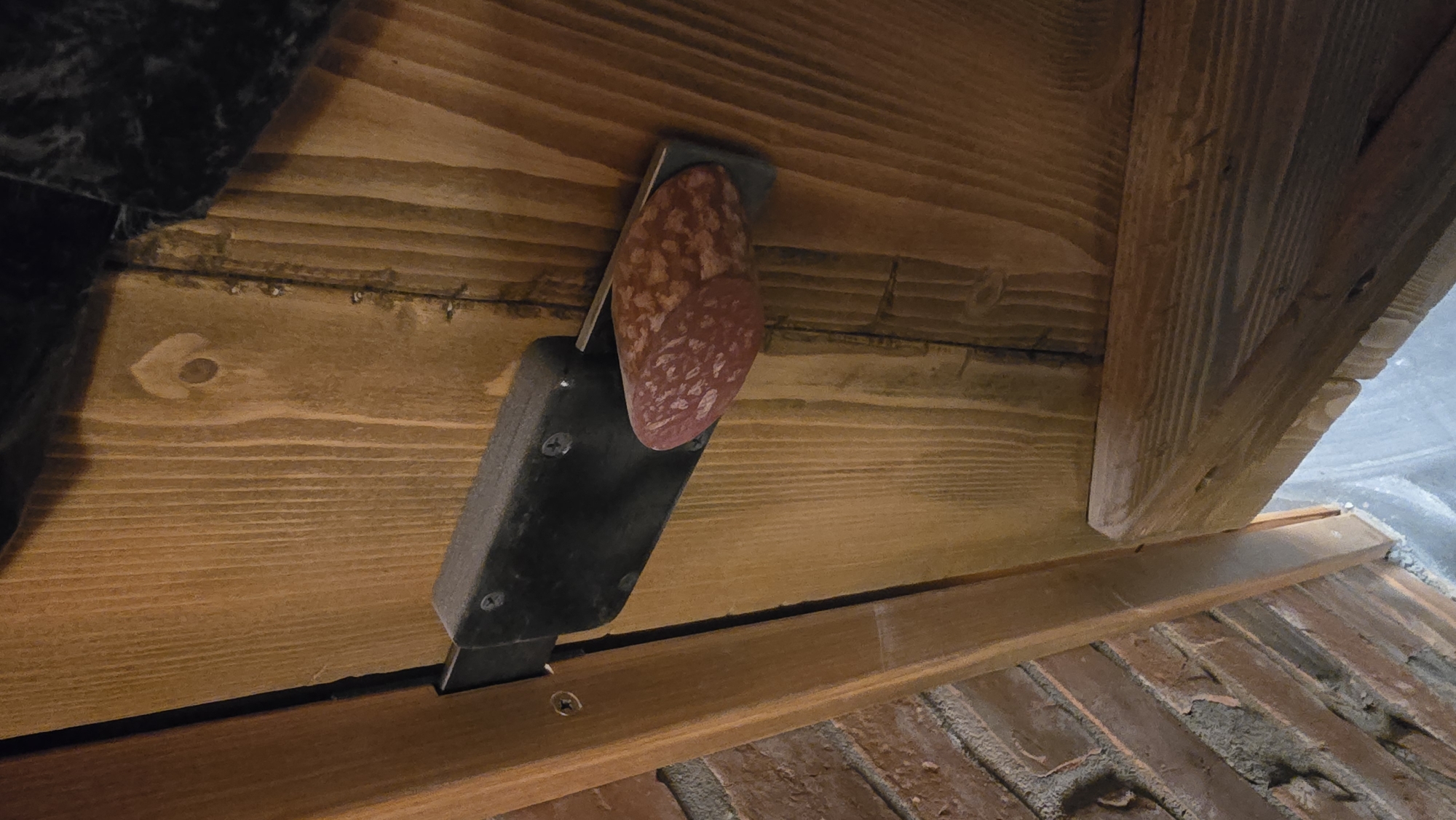 This image captures a close-up, low-angle view of the underside of a rustic wooden structure. The primary subject is a dark, possibly metallic or plastic, bracket attached to light brown wooden planks with visible screws. Two slices of cured sausage, resembling salami, are conspicuously wedged into or draped over this bracket. The meat slices are reddish-brown with lighter speckles.
The setting appears to be an interior space or sheltered area, possibly an attic, cellar, or the underside of a porch or balcony. The dominant wooden planks display natural grain patterns and a visible knot, indicating aged or untreated timber. In the lower right portion of the frame, a distinct texture of weathered, reddish-brown brickwork or terracotta tiles is visible, suggesting a floor or roof surface below. The upper left corner reveals a dark, textured fabric or material.
The scene is static, with no human activity depicted. The placement of the salami slices is unusual and draws attention. The lighting is dim, contributing to a somewhat obscure and intriguing atmosphere. There is no visible text in the image. The location is Porech'e, Russia.