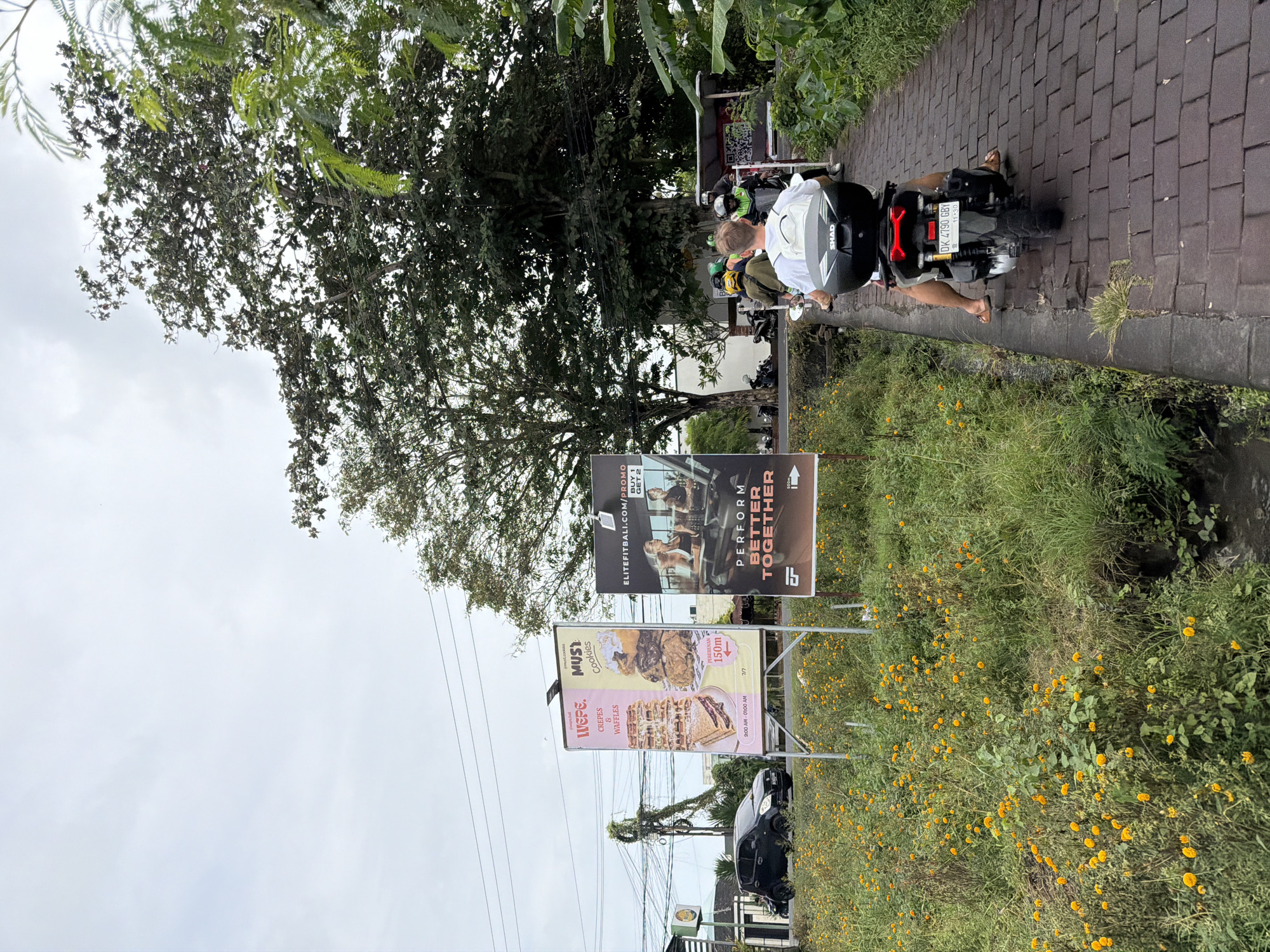 A wide, overcast shot captures a scene on a paved path in Mengwi, Indonesia. A person on a scooter, wearing a white backpack and casual clothing, is moving away from the camera down the path. Behind them, other scooters carrying passengers follow. To the left of the path, a field is densely populated with small yellow flowers and green foliage. A black car is parked on the side of a road to the left of the field. Two billboards are prominently displayed in front of the field. The left billboard advertises "WEPE CREPES & WAFFLES" and "MUST COOKIES" with images of food. The right billboard promotes "ELITEFITBALI.COM/PROMO" and displays images of people exercising, with the text "PERFORM BETTER TOGETHER." Further in the background, large trees with dense foliage dominate the scene, and power lines are visible overhead.