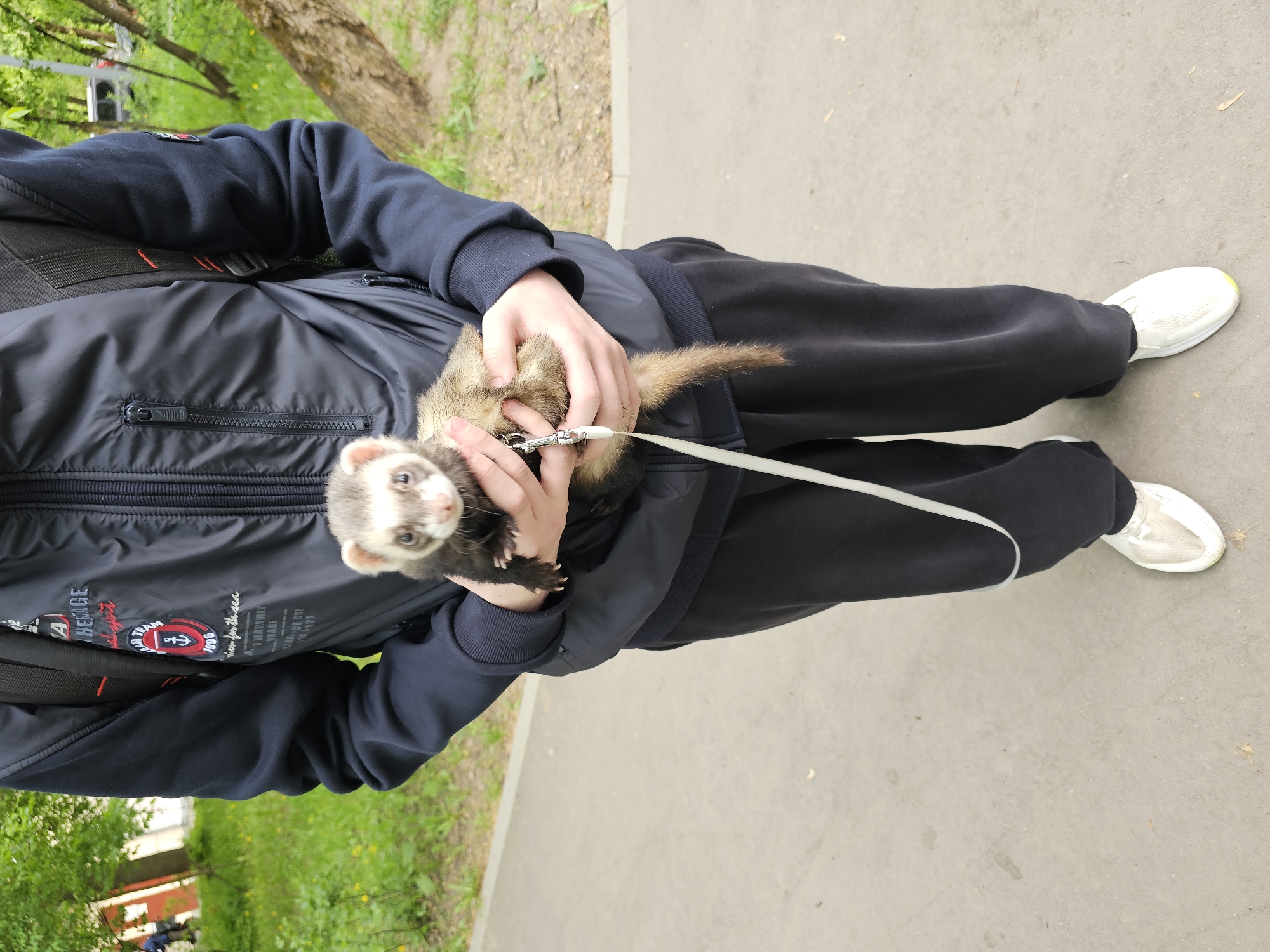A person wearing a black jacket, black trousers, and white sneakers is holding a ferret on a leash in their hands. The person is standing on a grey paved area, likely a sidewalk or path. Green trees and grass can be seen in the background, suggesting a park or outdoor setting. The jacket has writing on it, including "HEMAGE", a team, "1996", and "men for the sea". The city of Moscow, Russia is not explicitly identified in the image, so I cannot provide any further details of the location.