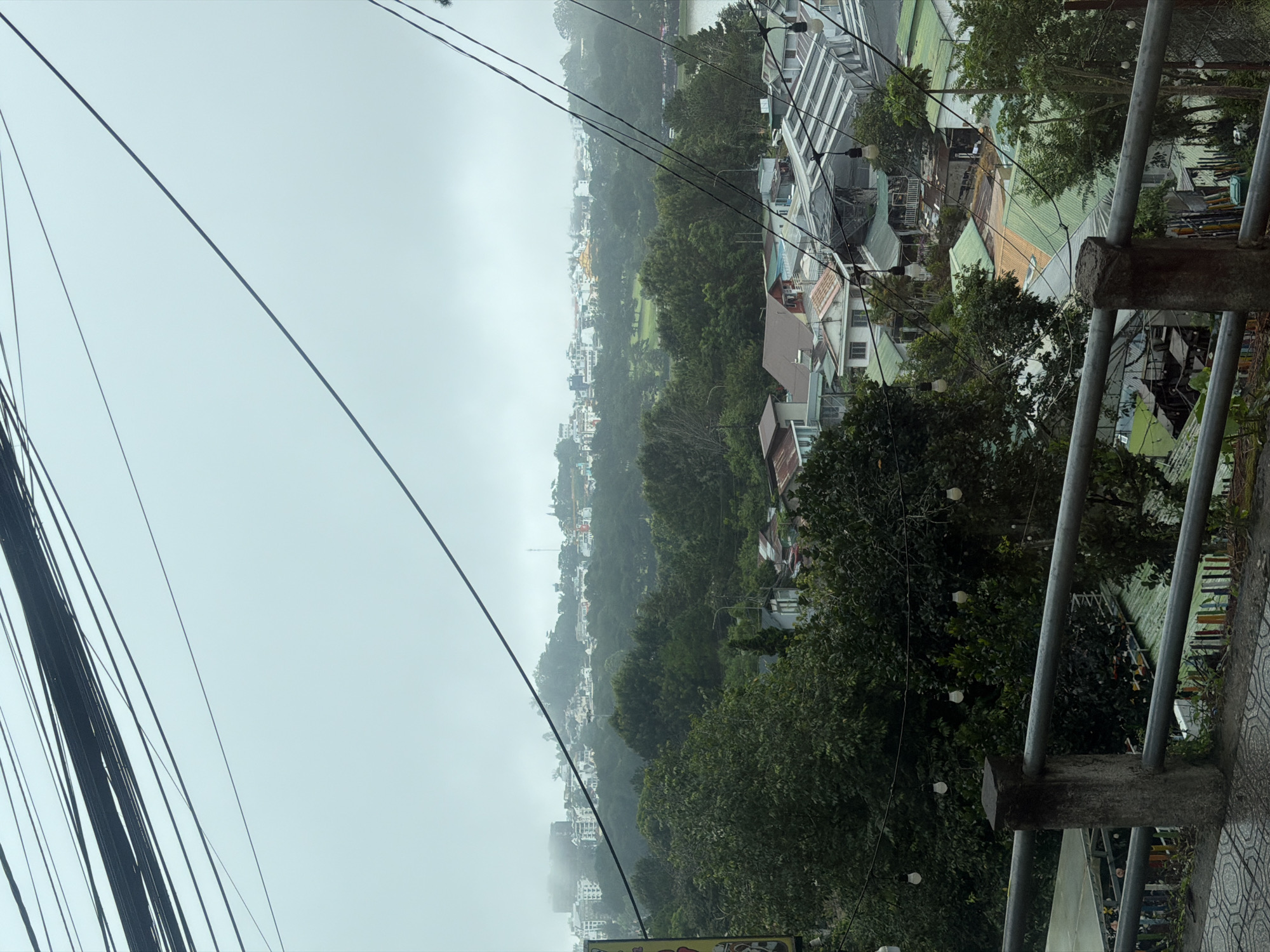 This is a wide shot of the city of Da Lat, Vietnam, taken from a slightly elevated position. The foreground is dominated by a metal railing supported by a concrete pillar, with a patterned tiled walkway to the left. Overhead, a dense network of dark electrical wires crisscrosses the frame.
Beyond the railing, a lush green landscape unfolds. Dense trees fill the middle ground, with various houses and buildings nestled amongst them. The architecture appears varied, with some structures featuring corrugated metal roofs in shades of green and orange, while others are painted white with red or brown accents. Some of these buildings seem to be part of a complex, possibly a cafe or restaurant, with string lights visible in some areas.
In the background, the city of Da Lat stretches out towards a hazy, mist-covered mountain range. The city skyline is characterized by a mix of modern buildings, including a tall, multi-story structure partially obscured by fog, and more traditional, lower-rise houses. A prominent, golden-domed structure is visible in the middle-left of the background. The overall atmosphere is slightly overcast, contributing to the muted colors and soft focus in the distance. The scene conveys a sense of urban sprawl integrated with natural greenery, typical of Da Lat's landscape.