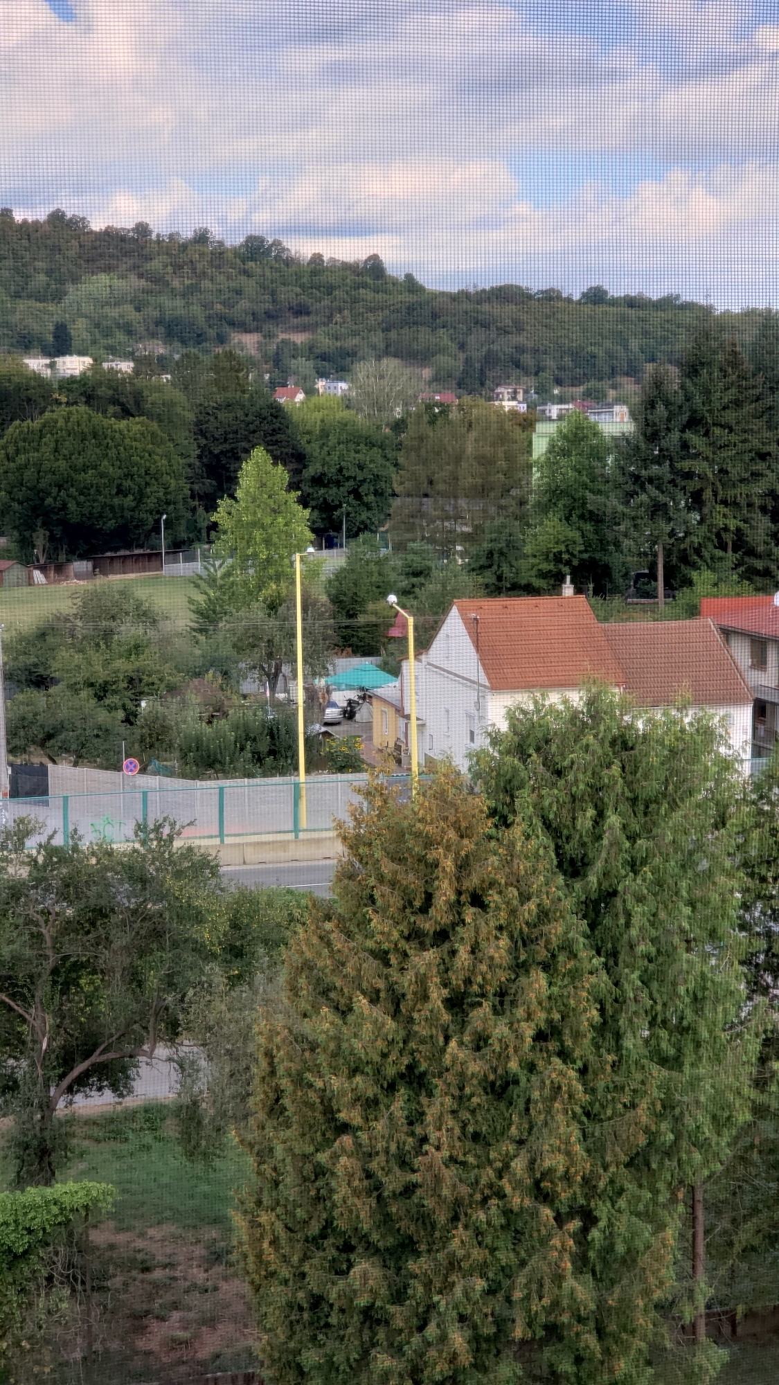 The image shows a view from a window with a screen, looking out onto a residential area in Prešov, Slovakia. In the foreground, a dense evergreen tree with some brown discoloration is prominent. Behind it, another tree with lighter green foliage is visible. A road runs horizontally through the mid-ground, with a green metal fence bordering it. Beyond the road and fence, a white house with a terracotta tile roof is visible, along with another house to its right. Several other buildings and trees are scattered throughout the scene. In the background, a lush, green, tree-covered hill rises, dotted with more houses. The sky above is partly cloudy. The overall impression is a suburban or semi-rural landscape on a pleasant day.
