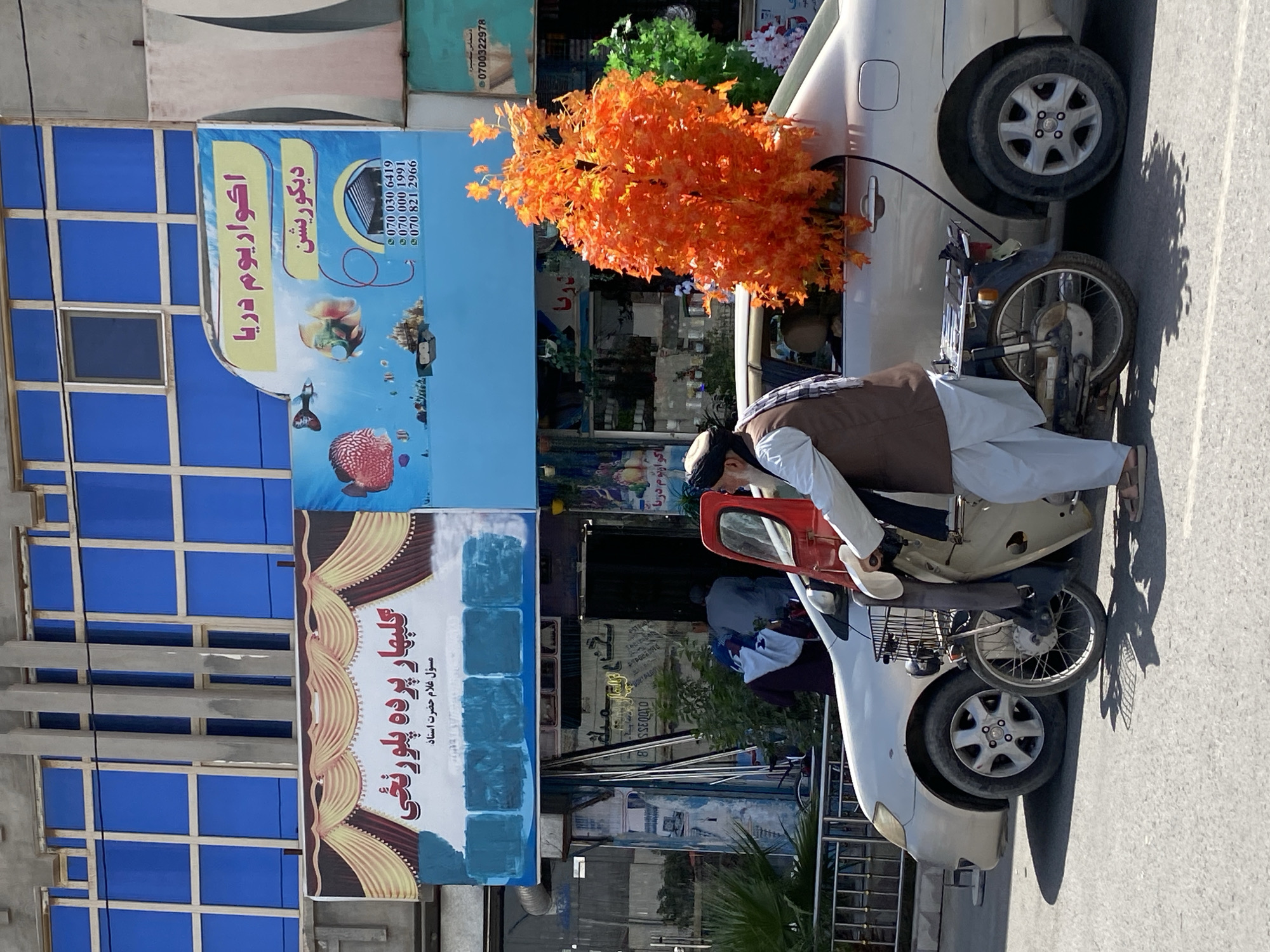 A street scene in Kandahar, Afghanistan, features a light-colored sedan parked on the right, with a motorcycle positioned in front of its rear passenger door. A man wearing a light brown vest, a checkered scarf, and white pants is seated on the motorcycle, holding onto its handlebars. He has a dark turban on his head. An artificial orange foliage plant is positioned to protrude from the open rear passenger door of the car, reaching upwards.
Above the street level, on the building facade, are two prominent signs. The left sign, in red and yellow script, appears to advertise curtains, with the text "گلبهار پرده پلورنخی" and "مسول غلام حضرت استاد" visible. The right sign is blue with white and yellow text, reading "اكواریم دریا" and "دیکوریشن", and lists several phone numbers starting with "070".
In the background, people are visible entering or exiting a shop doorway. The building has large blue-tinted windows. The pavement is asphalt, and a metal railing is present in the foreground. The sky is clear and blue.