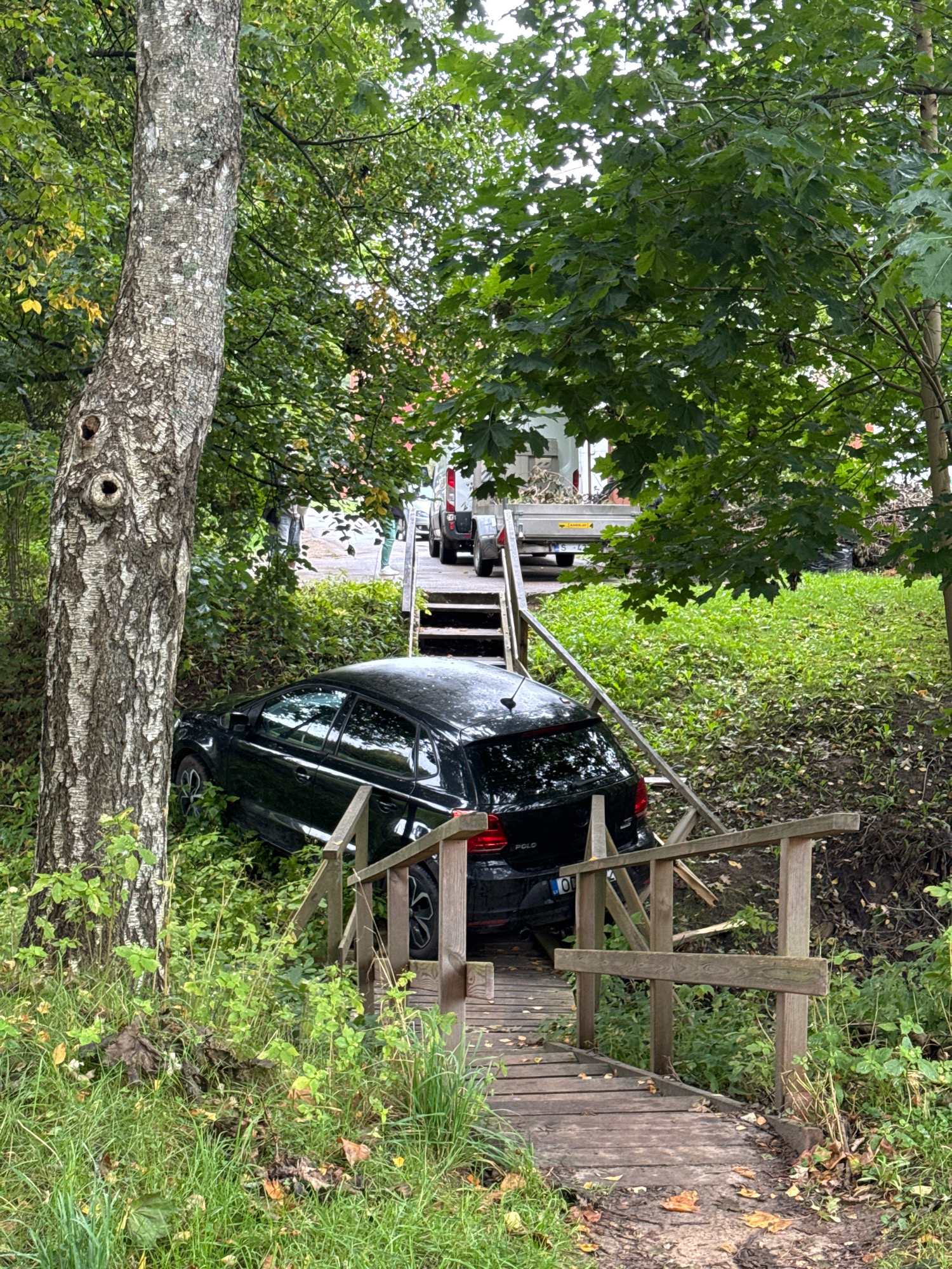 In Carnikava, Latvia, a black Volkswagen Polo is lodged precariously on the side of a wooden staircase that appears to lead down to a wooded area. The car is positioned at an unnatural angle, with its front end seemingly off the ground and its rear wheels resting on the steps. The vehicle's right side is pressed against the wooden railing of the stairs. The surrounding environment is lush and overgrown with green foliage, including grass, bushes, and trees. A large tree trunk with visible knots and textured bark stands prominently in the left foreground, partially obscuring the view of the car. In the background, more trees and vegetation are visible, along with a glimpse of a trailer and a white van parked on what appears to be a paved surface. The wooden staircase itself is weathered and shows signs of wear. The overall scene suggests a recent accident or an unusual incident involving the car and the staircase.